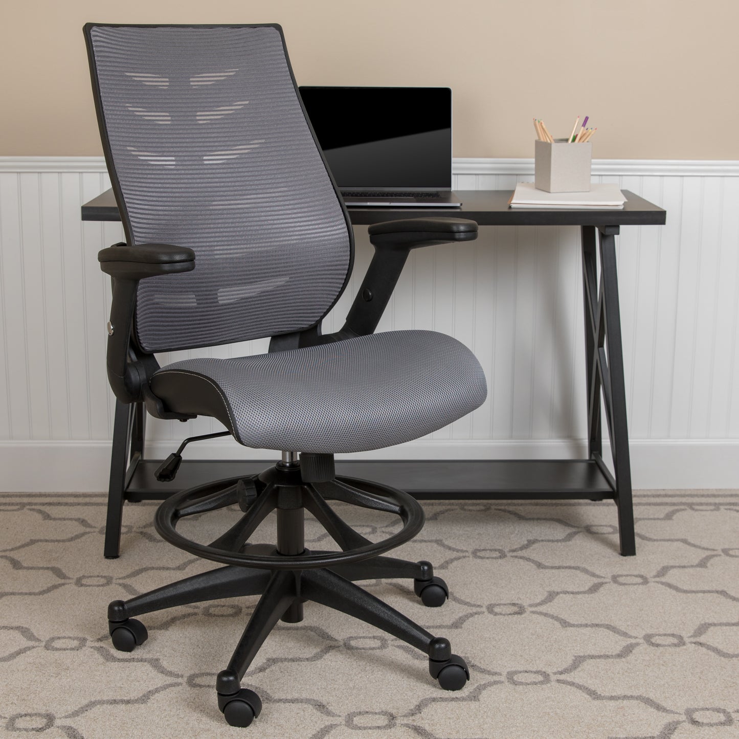 Kale High Back Dark Gray Mesh Spine-Back Ergonomic Drafting Chair with Adjustable Foot Ring and Adjustable Flip-Up Arms Dark Gray