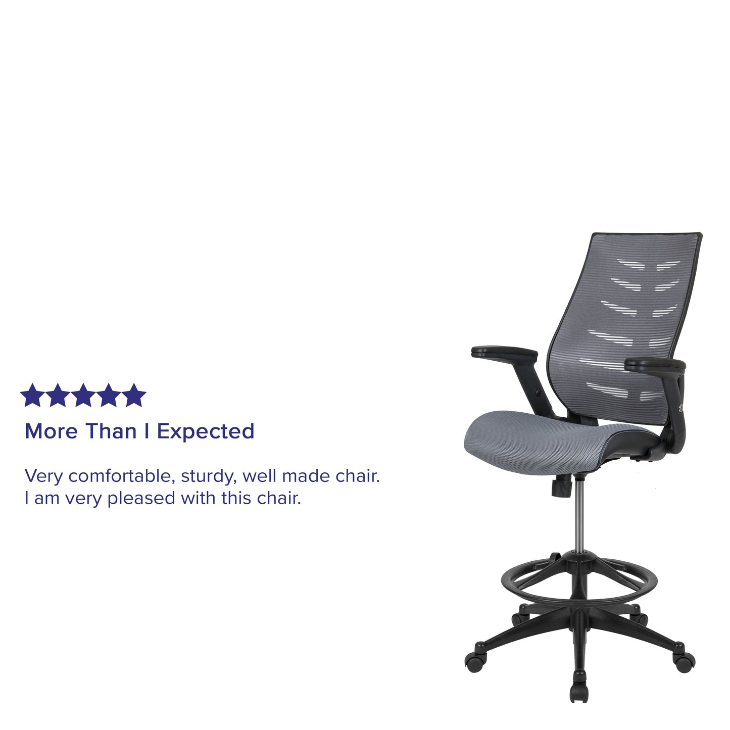 Kale High Back Dark Gray Mesh Spine-Back Ergonomic Drafting Chair with Adjustable Foot Ring and Adjustable Flip-Up Arms Dark Gray