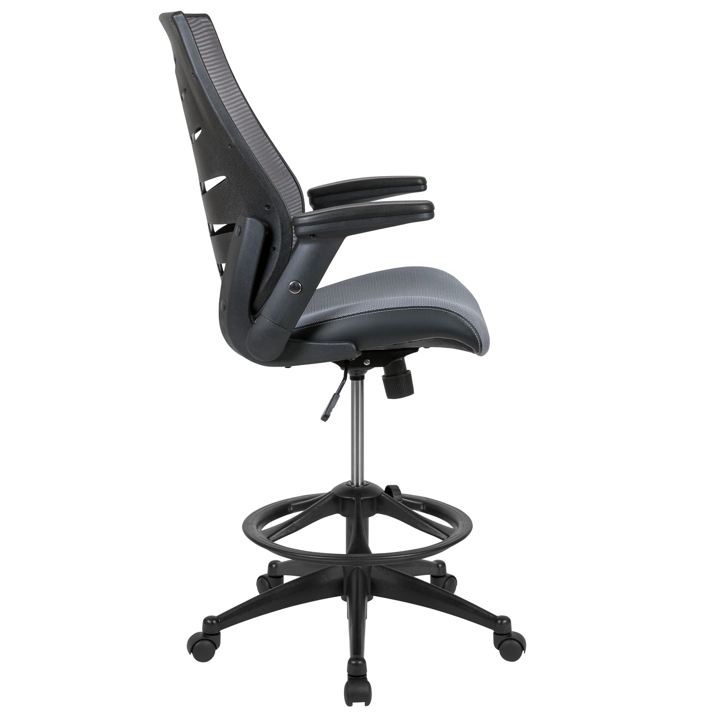 Kale High Back Dark Gray Mesh Spine-Back Ergonomic Drafting Chair with Adjustable Foot Ring and Adjustable Flip-Up Arms Dark Gray