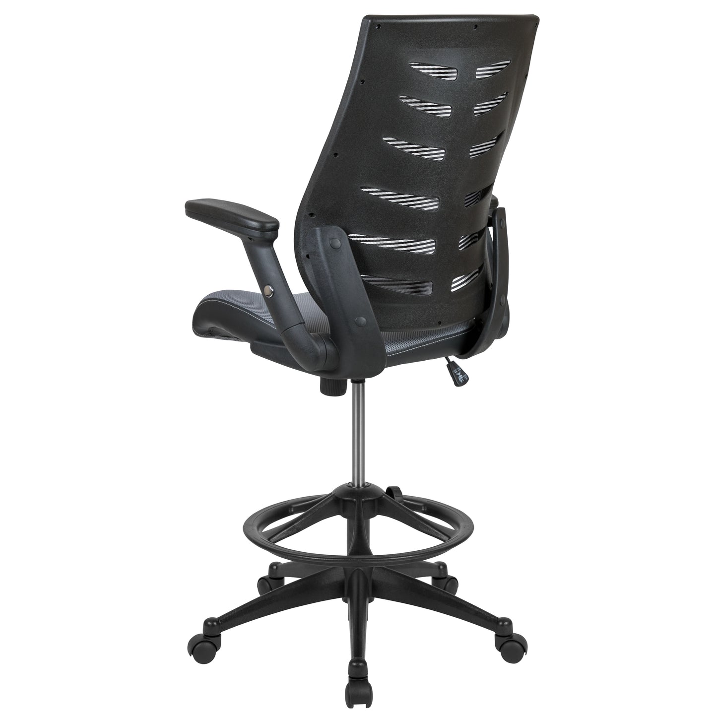 Kale High Back Dark Gray Mesh Spine-Back Ergonomic Drafting Chair with Adjustable Foot Ring and Adjustable Flip-Up Arms Dark Gray