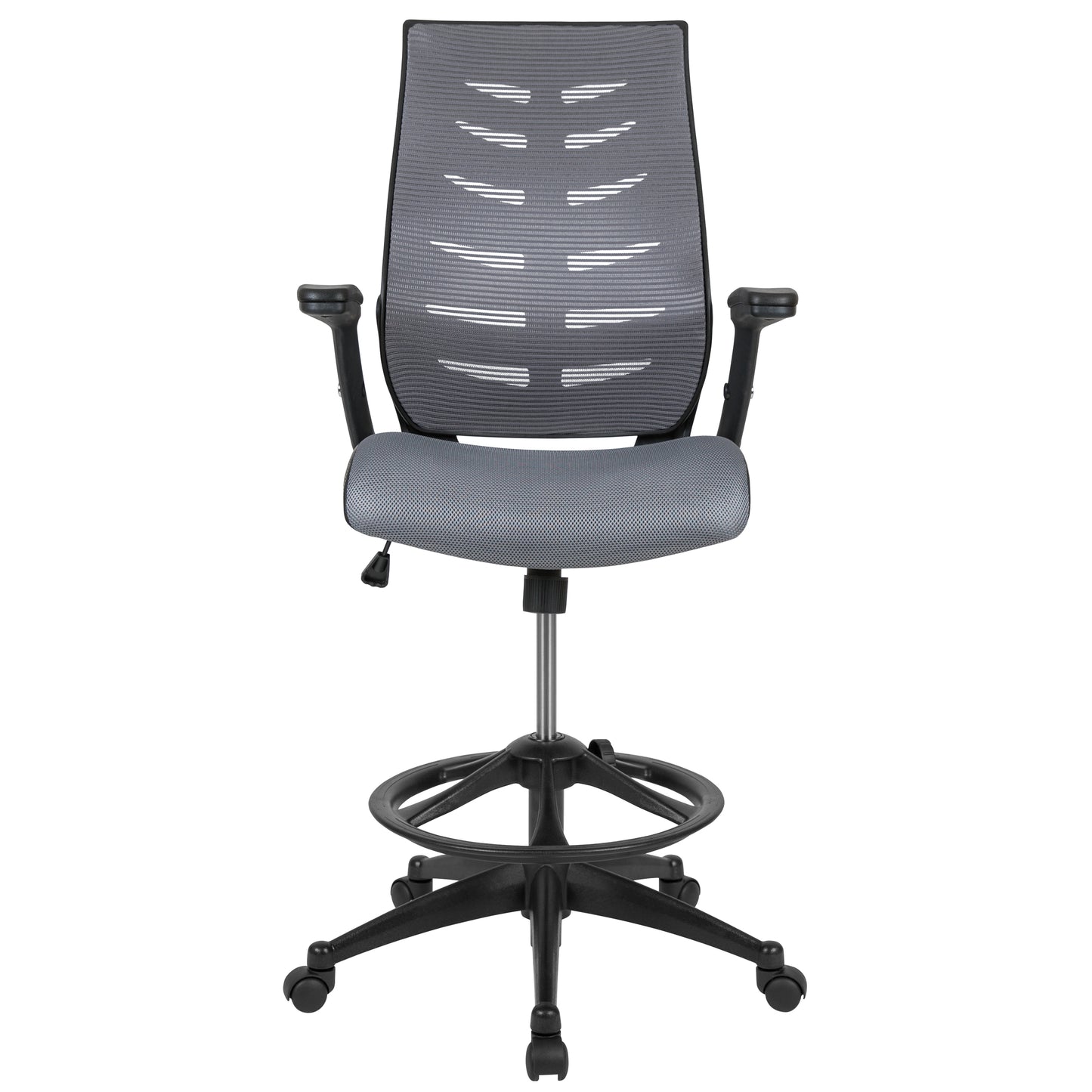 Kale High Back Dark Gray Mesh Spine-Back Ergonomic Drafting Chair with Adjustable Foot Ring and Adjustable Flip-Up Arms Dark Gray