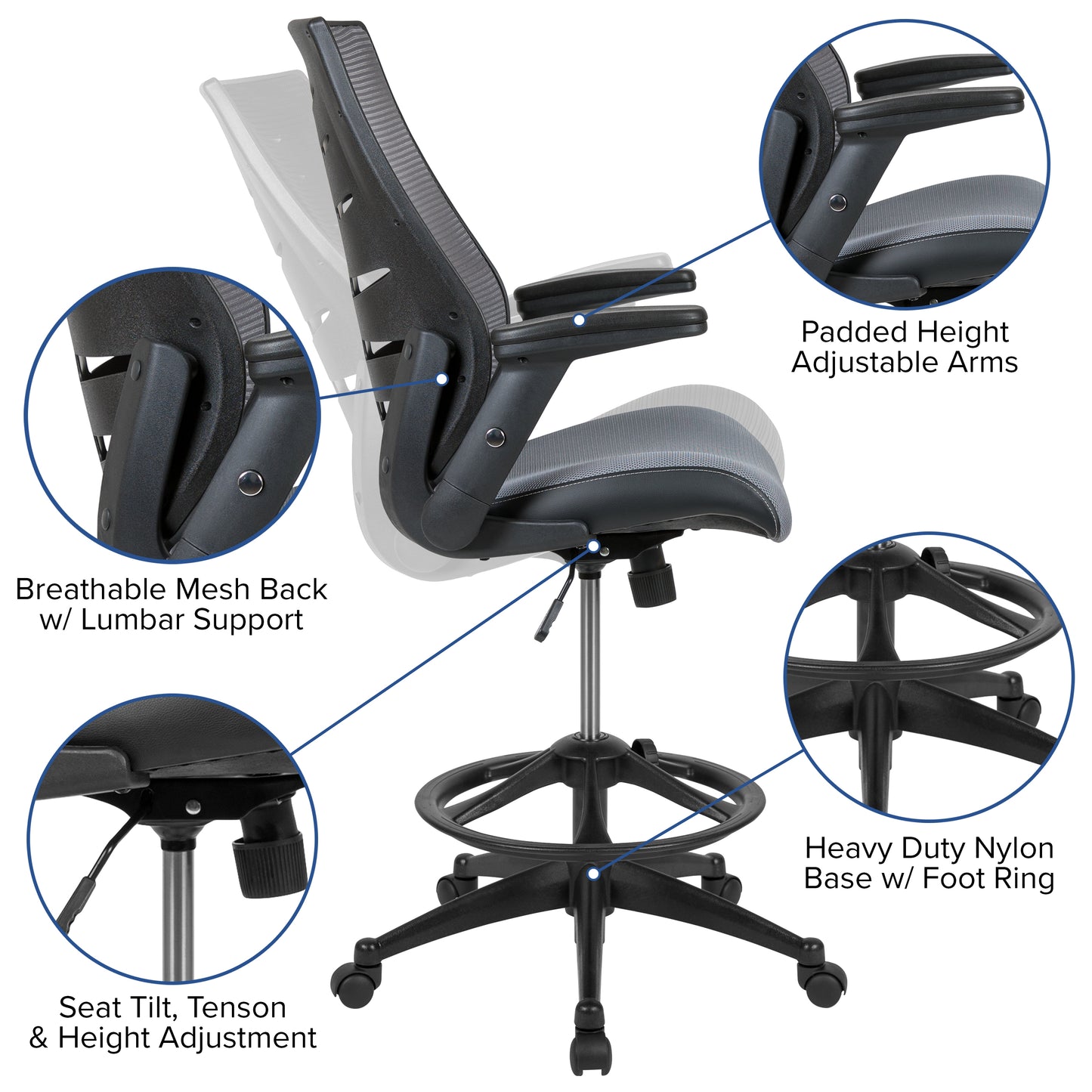 Kale High Back Dark Gray Mesh Spine-Back Ergonomic Drafting Chair with Adjustable Foot Ring and Adjustable Flip-Up Arms Dark Gray