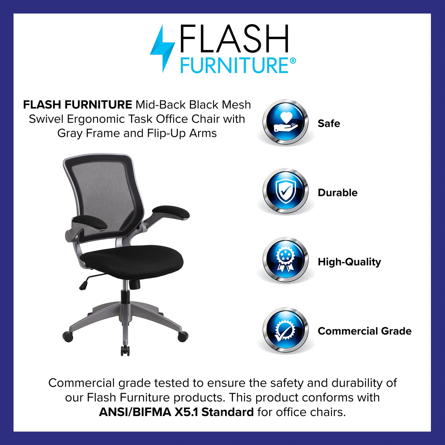 Kale Mid-Back Black Mesh Swivel Ergonomic Task Office Chair with Gray Frame and Flip-Up Arms Black