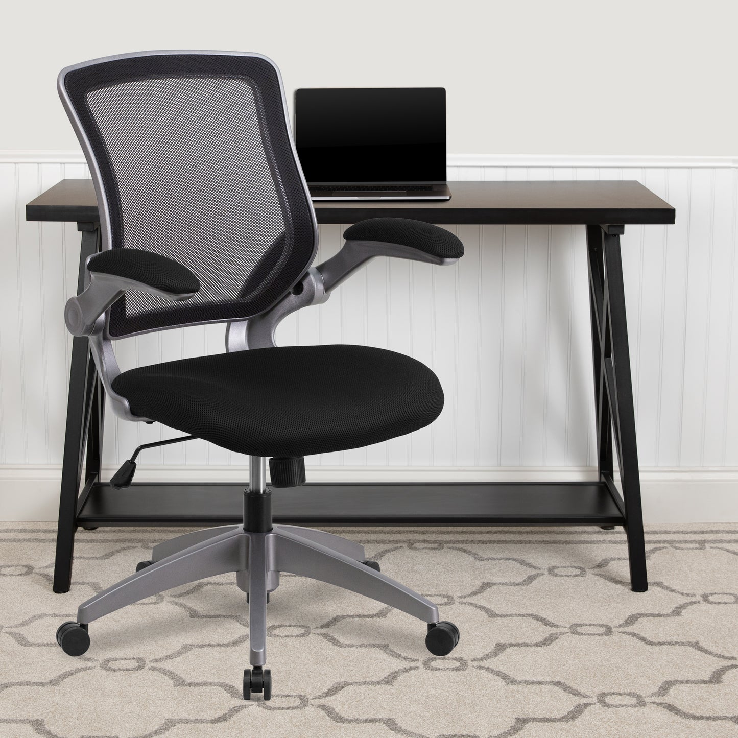 Kale Mid-Back Black Mesh Swivel Ergonomic Task Office Chair with Gray Frame and Flip-Up Arms Black