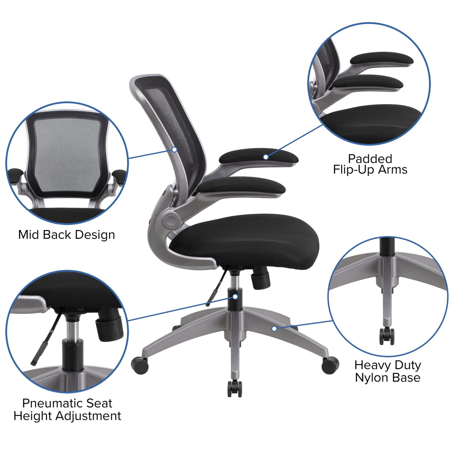 Kale Mid-Back Black Mesh Swivel Ergonomic Task Office Chair with Gray Frame and Flip-Up Arms Black
