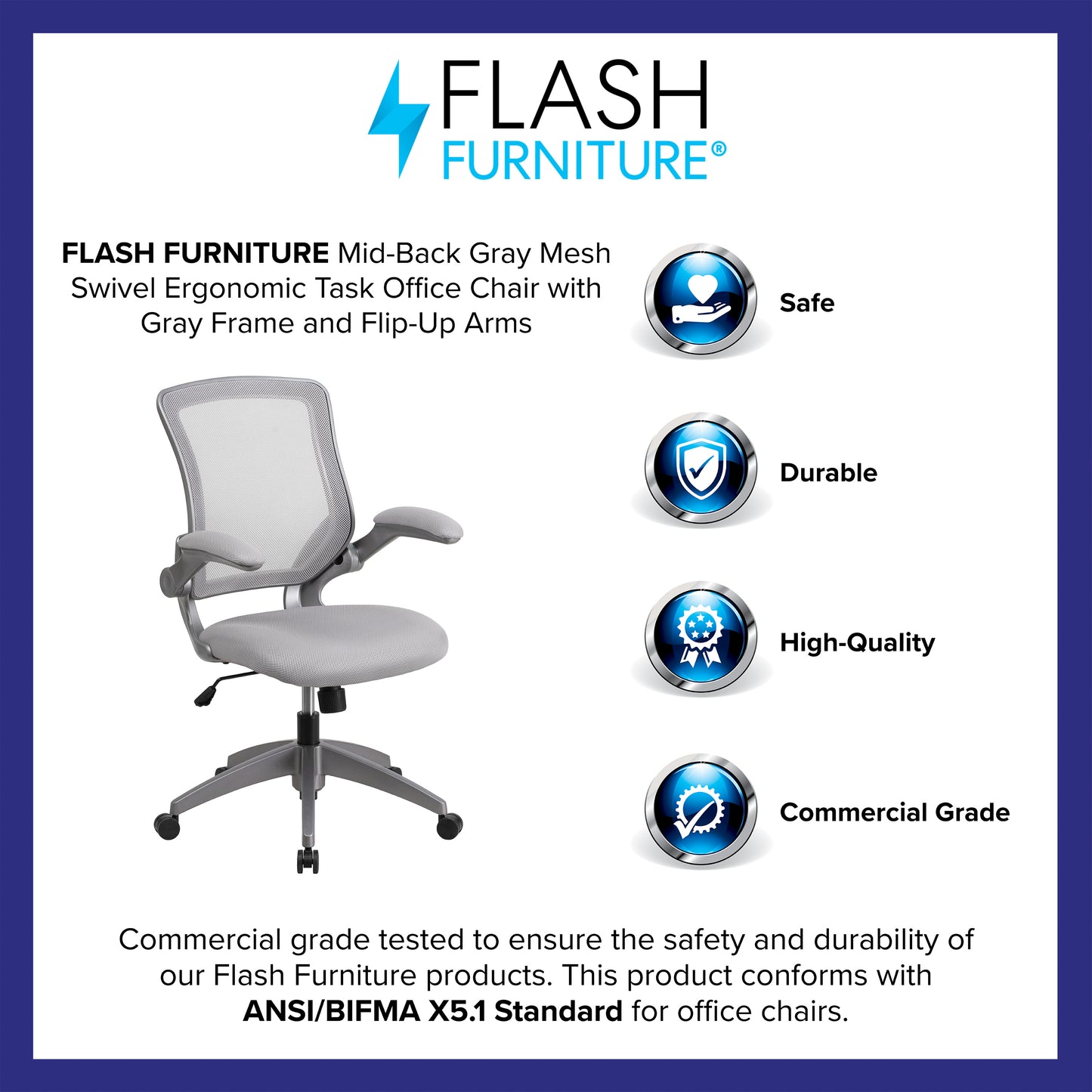 Kale Mid-Back Gray Mesh Swivel Ergonomic Task Office Chair with Gray Frame and Flip-Up Arms Gray