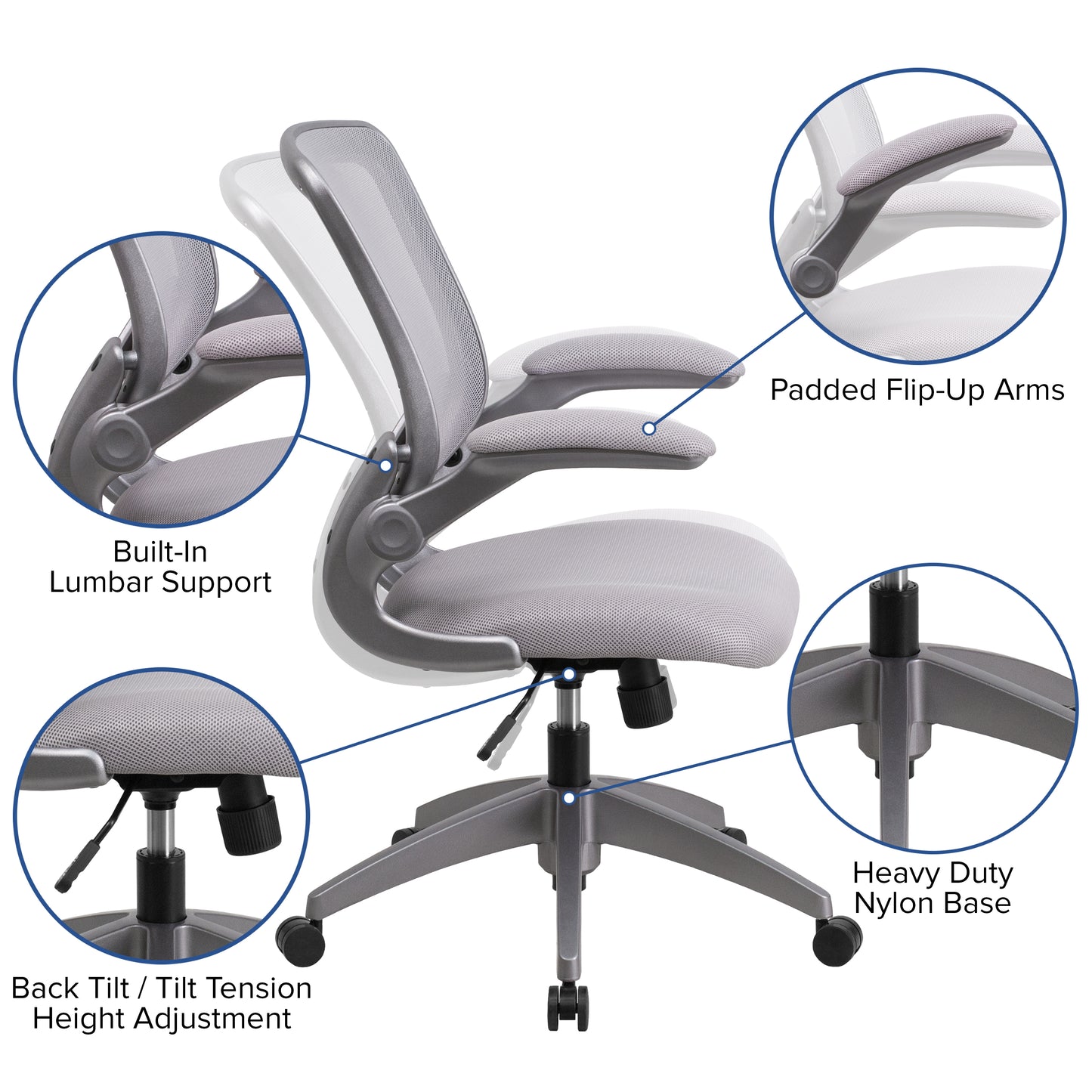 Kale Mid-Back Gray Mesh Swivel Ergonomic Task Office Chair with Gray Frame and Flip-Up Arms Gray