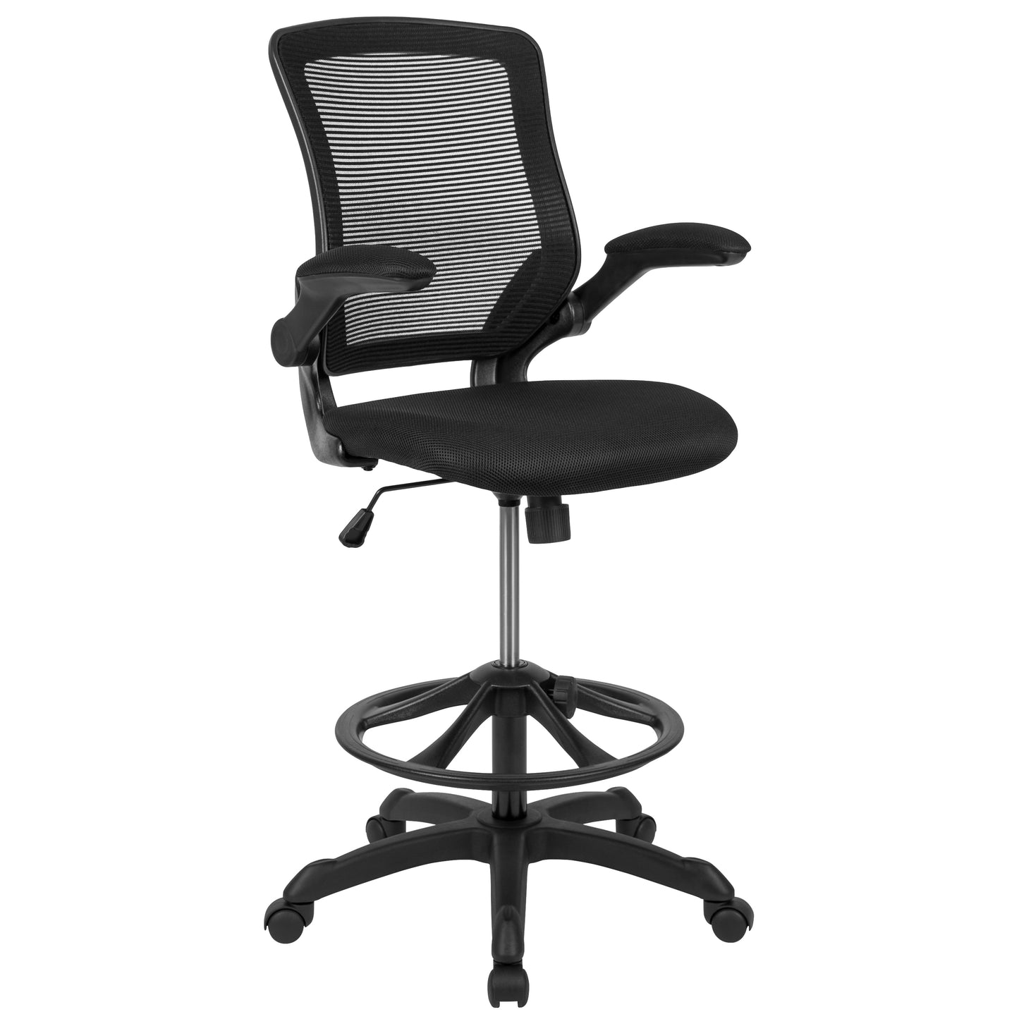 Kale Mid-Back Black Mesh Ergonomic Drafting Chair with Adjustable Foot Ring and Flip-Up Arms Black