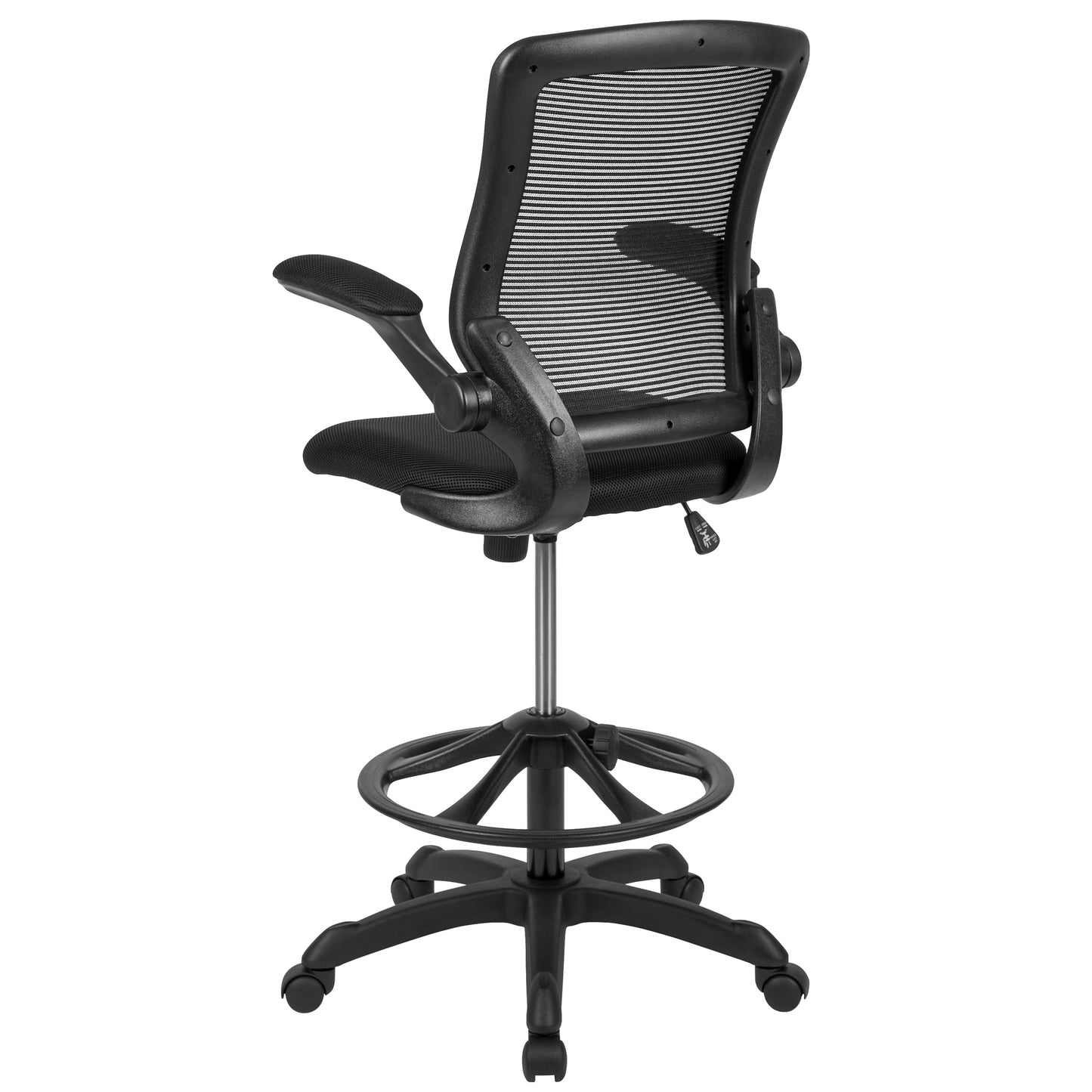 Kale Mid-Back Black Mesh Ergonomic Drafting Chair with Adjustable Foot Ring and Flip-Up Arms Black