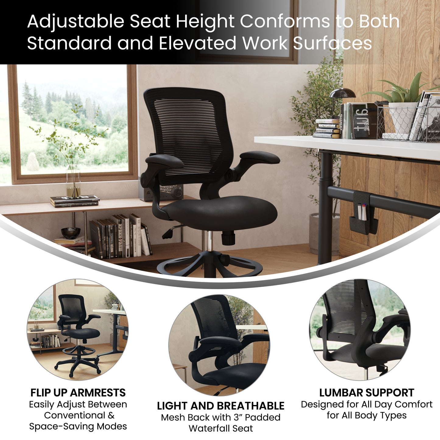Kale Mid-Back Black Mesh Ergonomic Drafting Chair with Adjustable Foot Ring and Flip-Up Arms Black