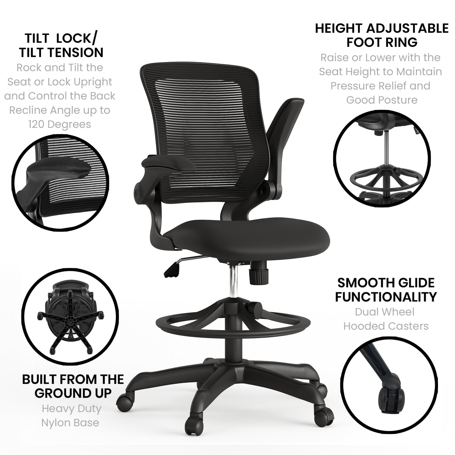 Kale Mid-Back Black Mesh Ergonomic Drafting Chair with Adjustable Foot Ring and Flip-Up Arms Black