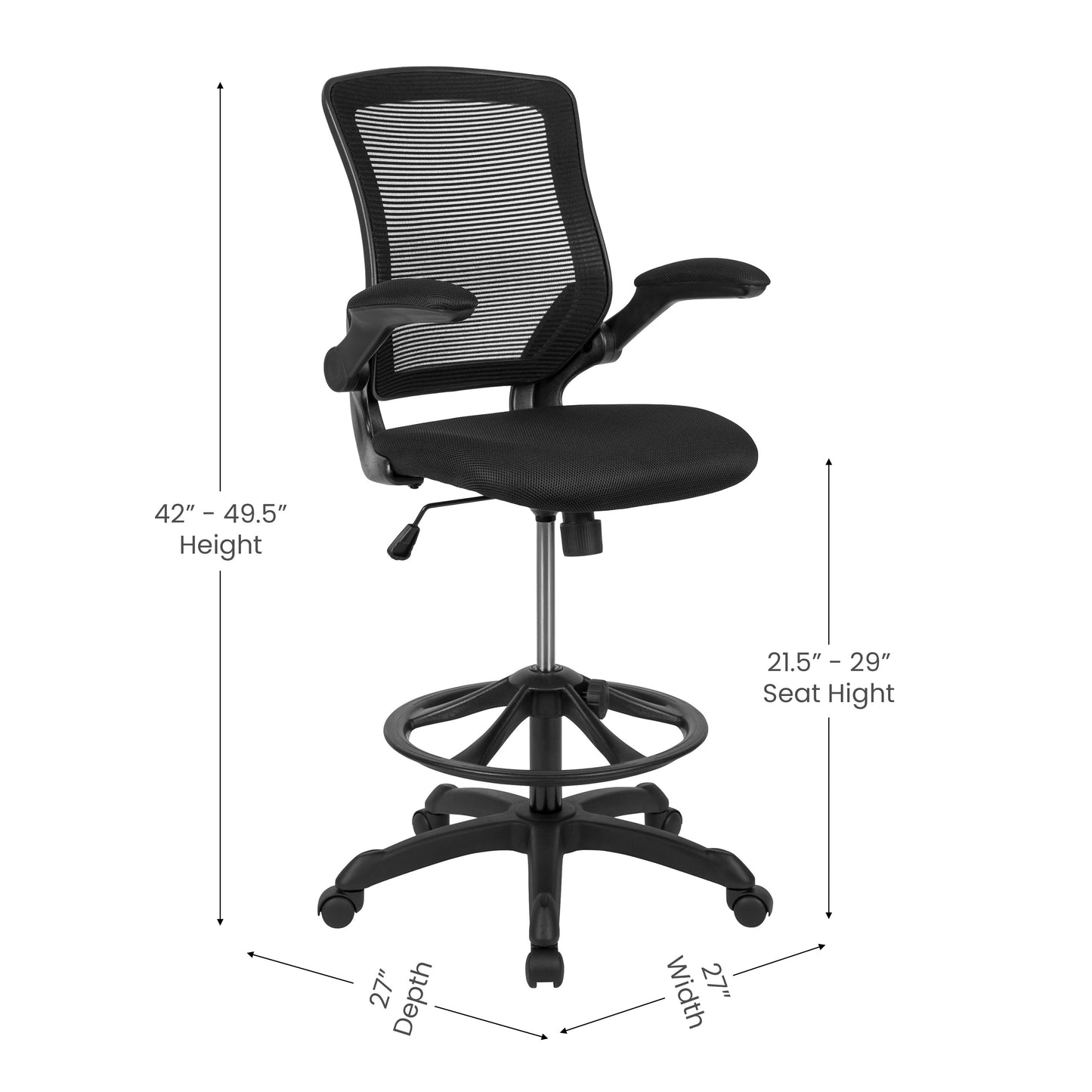 Kale Mid-Back Black Mesh Ergonomic Drafting Chair with Adjustable Foot Ring and Flip-Up Arms Black