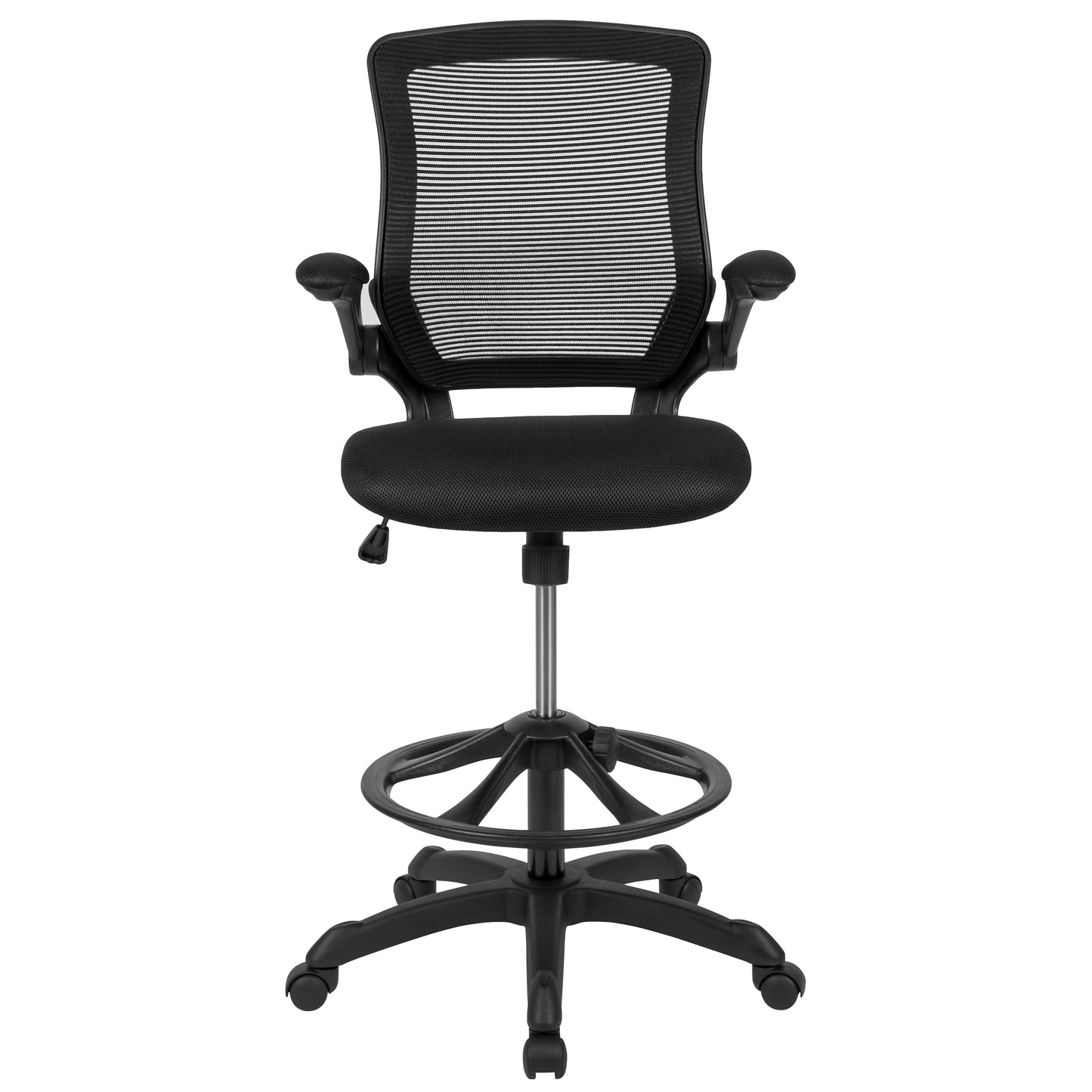 Kale Mid-Back Black Mesh Ergonomic Drafting Chair with Adjustable Foot Ring and Flip-Up Arms Black