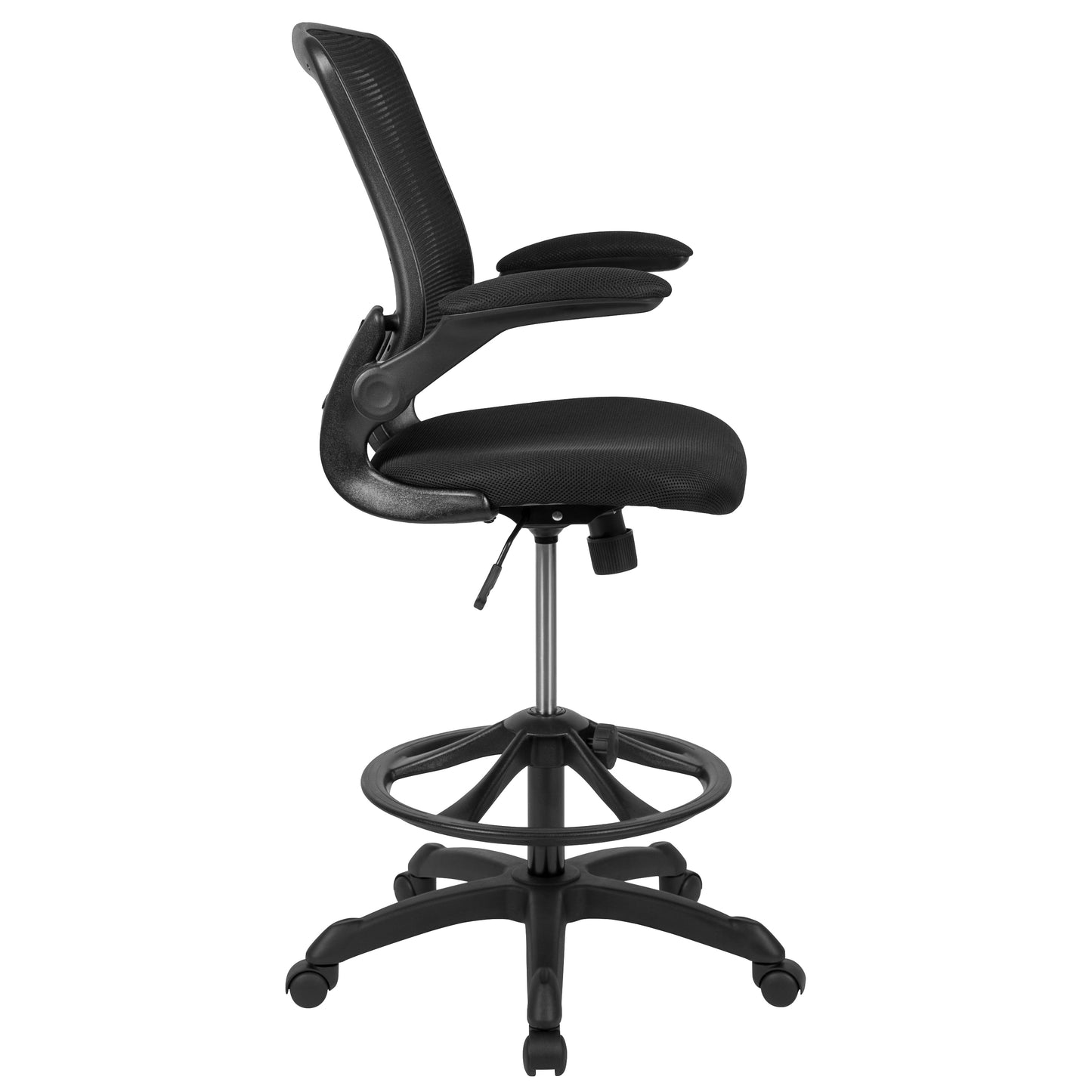 Kale Mid-Back Black Mesh Ergonomic Drafting Chair with Adjustable Foot Ring and Flip-Up Arms Black