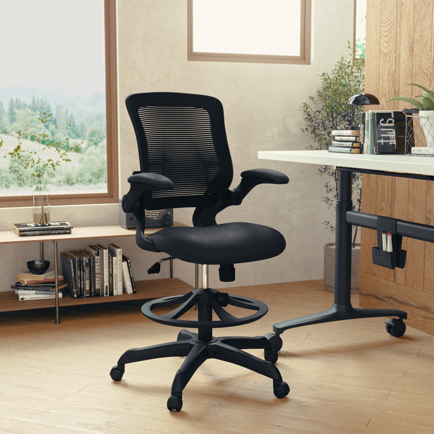 Kale Mid-Back Black Mesh Ergonomic Drafting Chair with Adjustable Foot Ring and Flip-Up Arms Black
