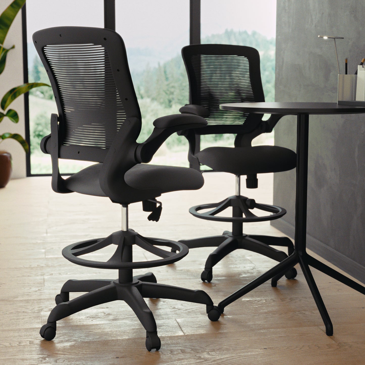 Kale Mid-Back Black Mesh Ergonomic Drafting Chair with Adjustable Foot Ring and Flip-Up Arms Black