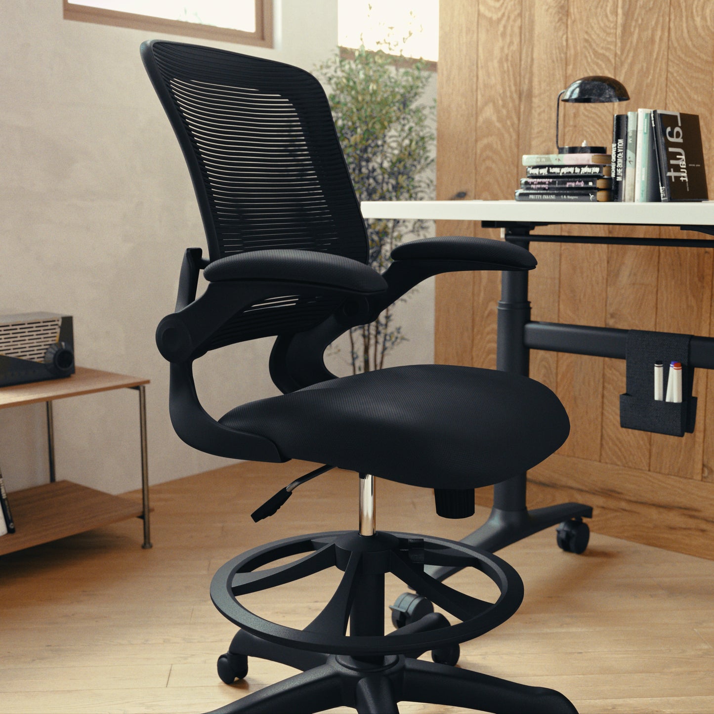Kale Mid-Back Black Mesh Ergonomic Drafting Chair with Adjustable Foot Ring and Flip-Up Arms Black