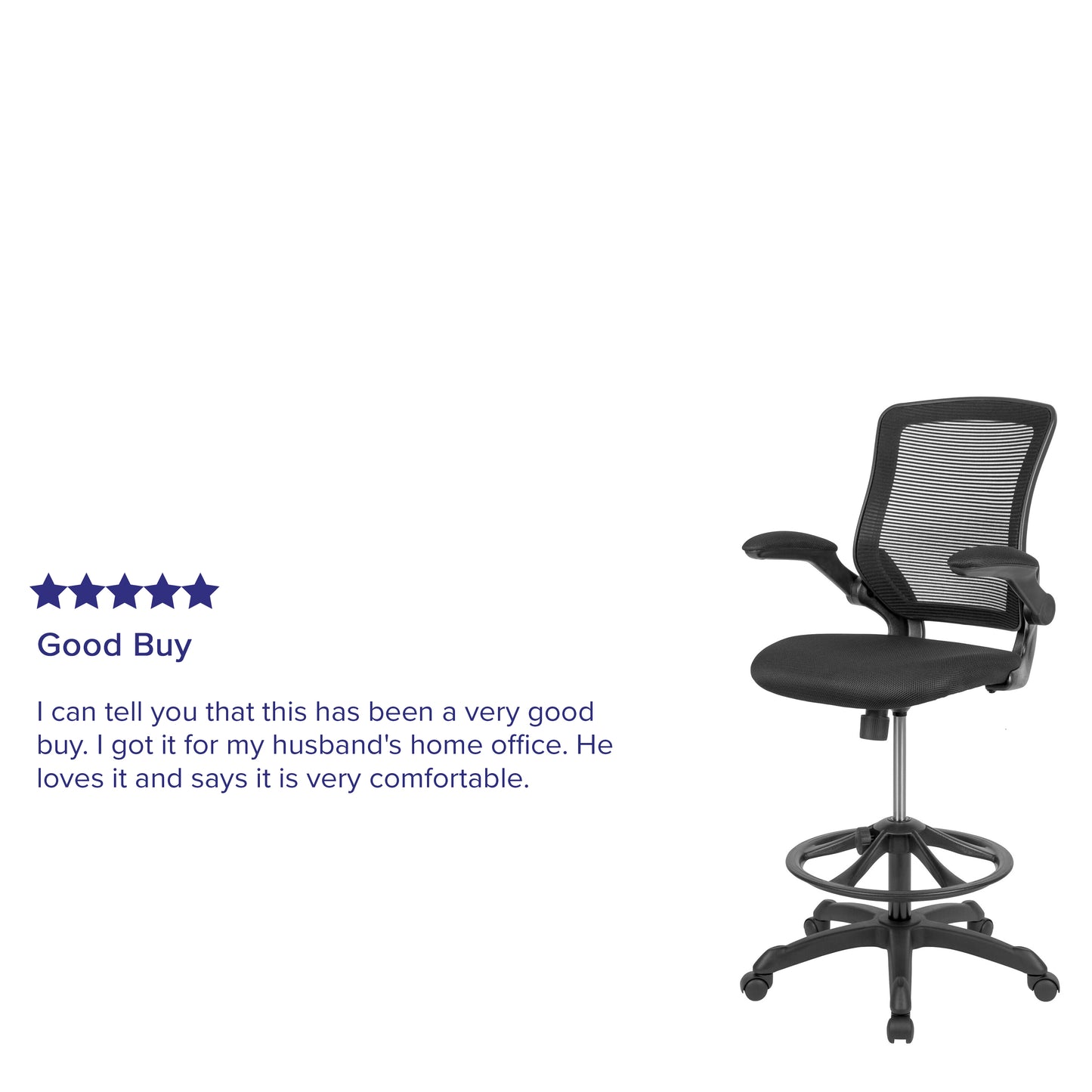 Kale Mid-Back Black Mesh Ergonomic Drafting Chair with Adjustable Foot Ring and Flip-Up Arms Black