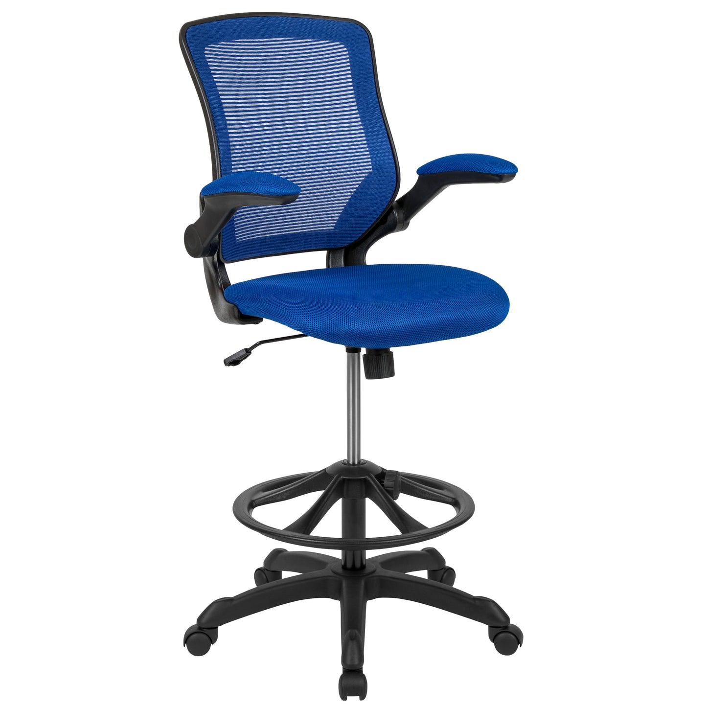 Kale Mid-Back Blue Mesh Ergonomic Drafting Chair with Adjustable Foot Ring and Flip-Up Arms Blue