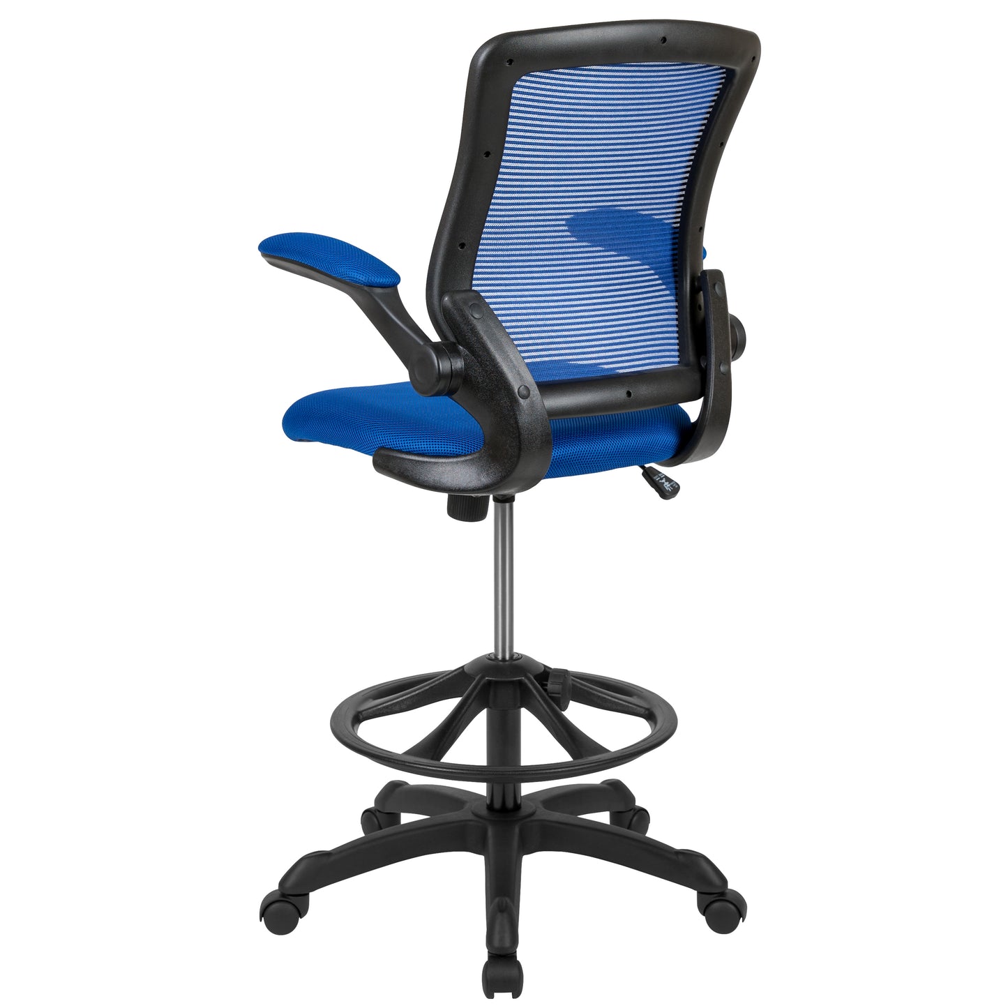 Kale Mid-Back Blue Mesh Ergonomic Drafting Chair with Adjustable Foot Ring and Flip-Up Arms Blue