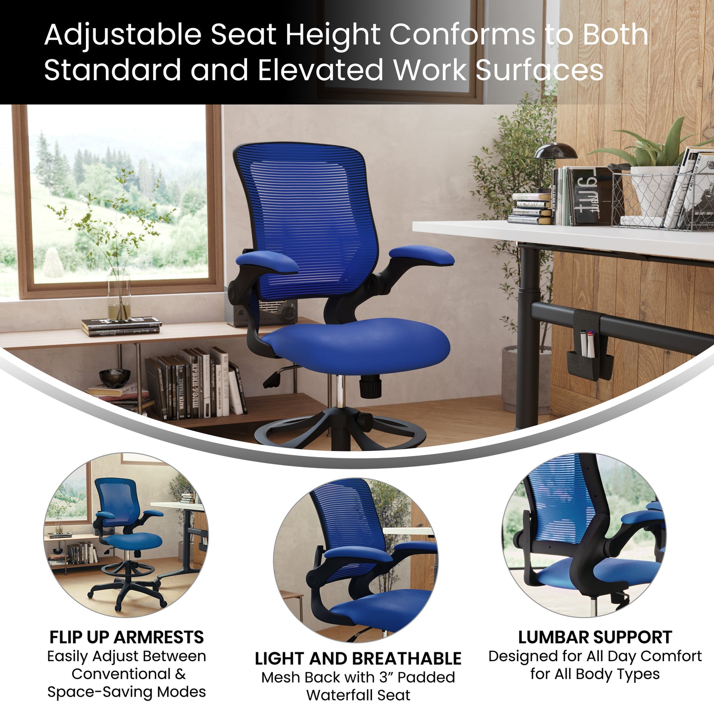 Kale Mid-Back Blue Mesh Ergonomic Drafting Chair with Adjustable Foot Ring and Flip-Up Arms Blue