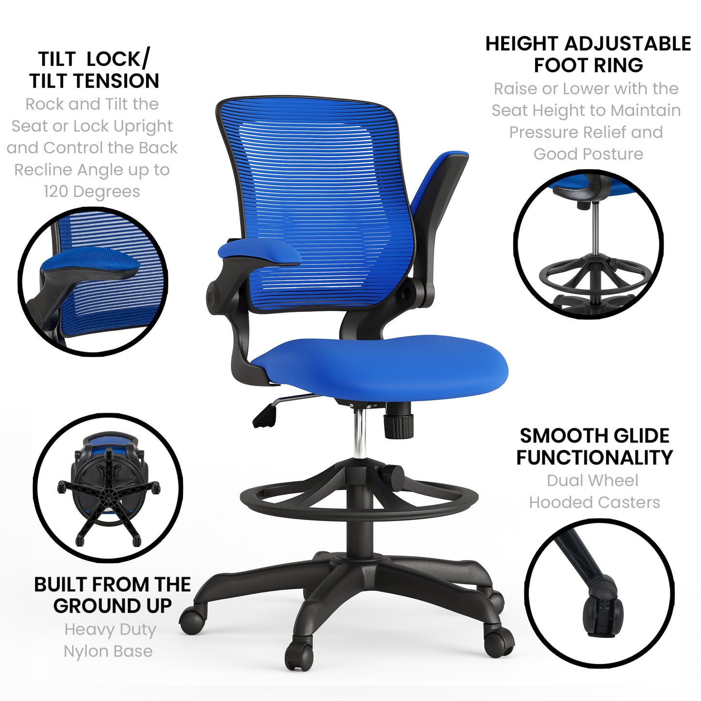 Kale Mid-Back Blue Mesh Ergonomic Drafting Chair with Adjustable Foot Ring and Flip-Up Arms Blue
