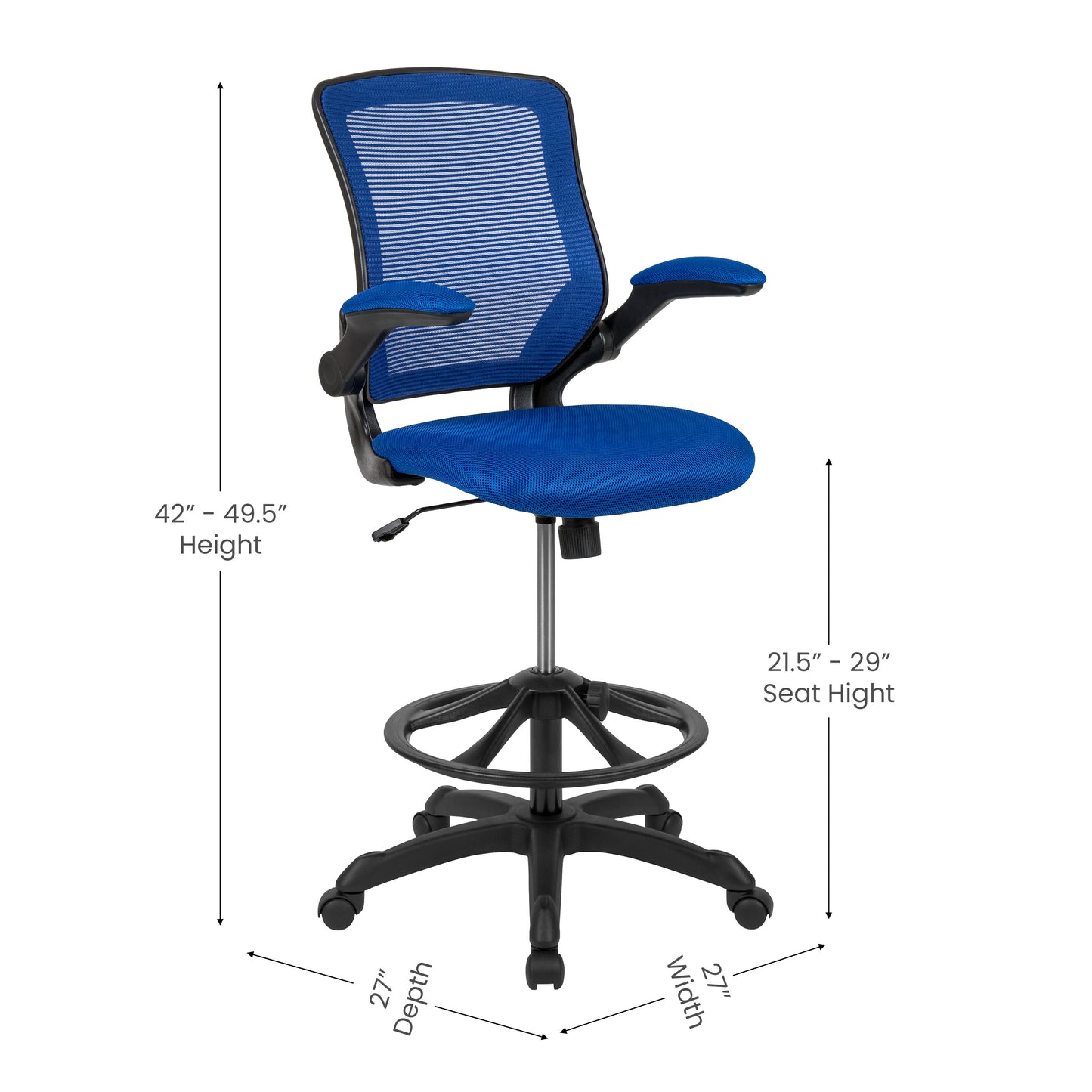 Kale Mid-Back Blue Mesh Ergonomic Drafting Chair with Adjustable Foot Ring and Flip-Up Arms Blue