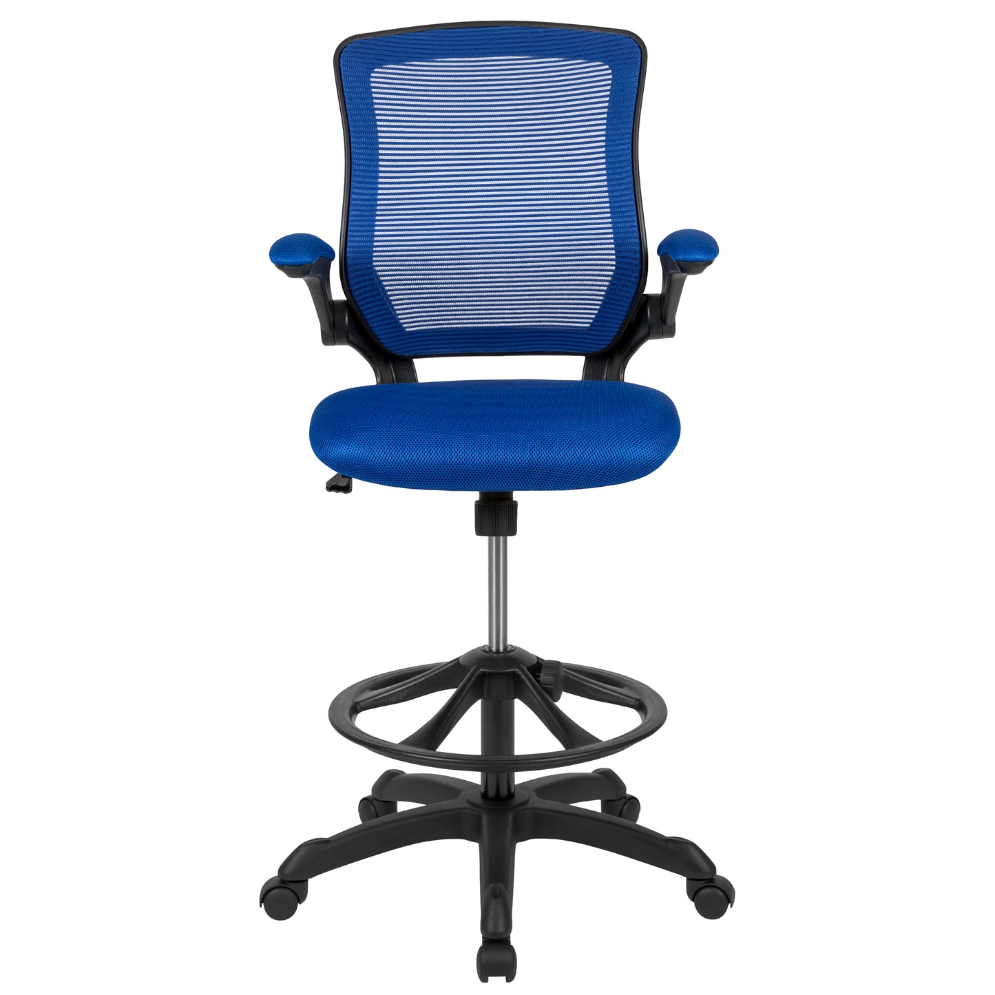 Kale Mid-Back Blue Mesh Ergonomic Drafting Chair with Adjustable Foot Ring and Flip-Up Arms Blue