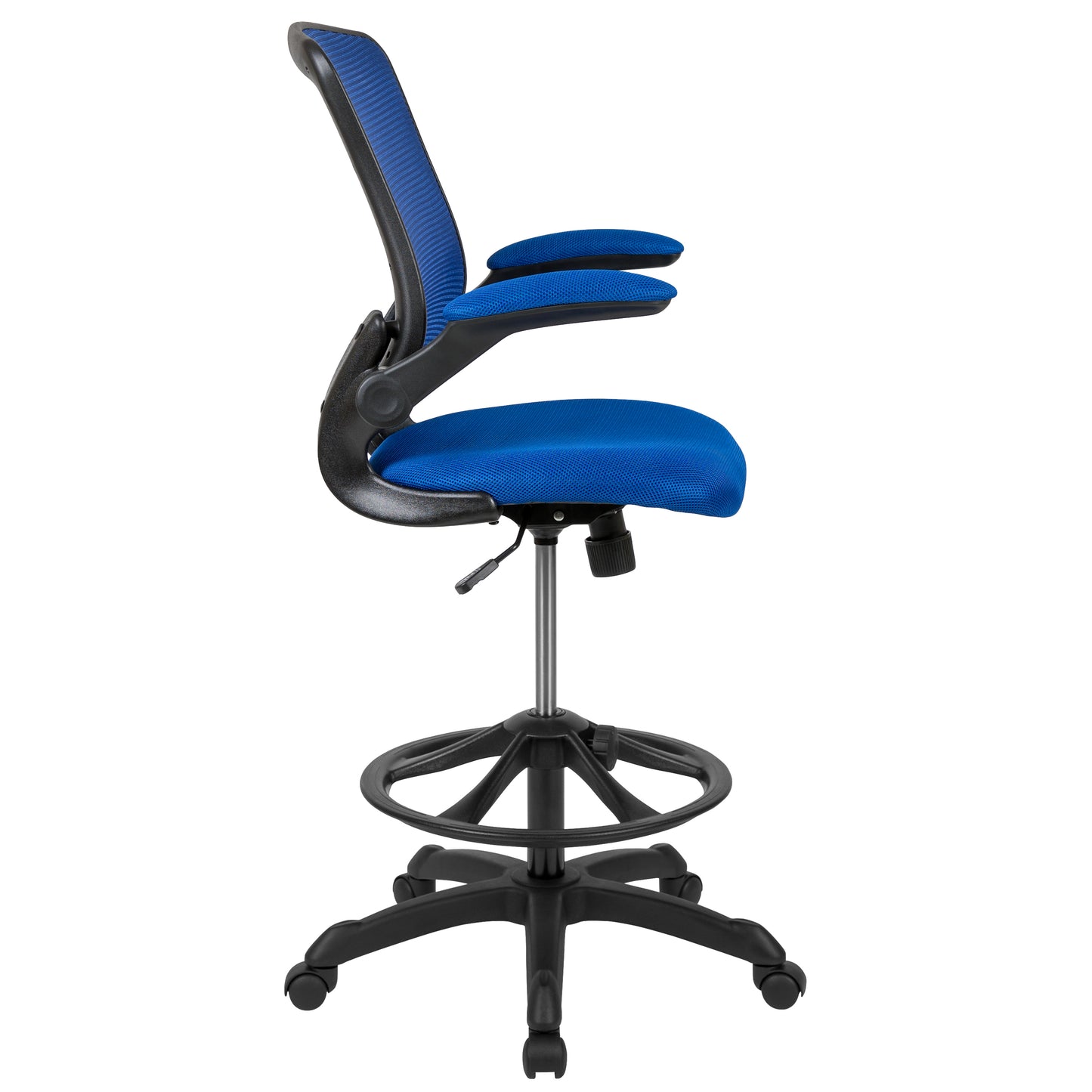 Kale Mid-Back Blue Mesh Ergonomic Drafting Chair with Adjustable Foot Ring and Flip-Up Arms Blue