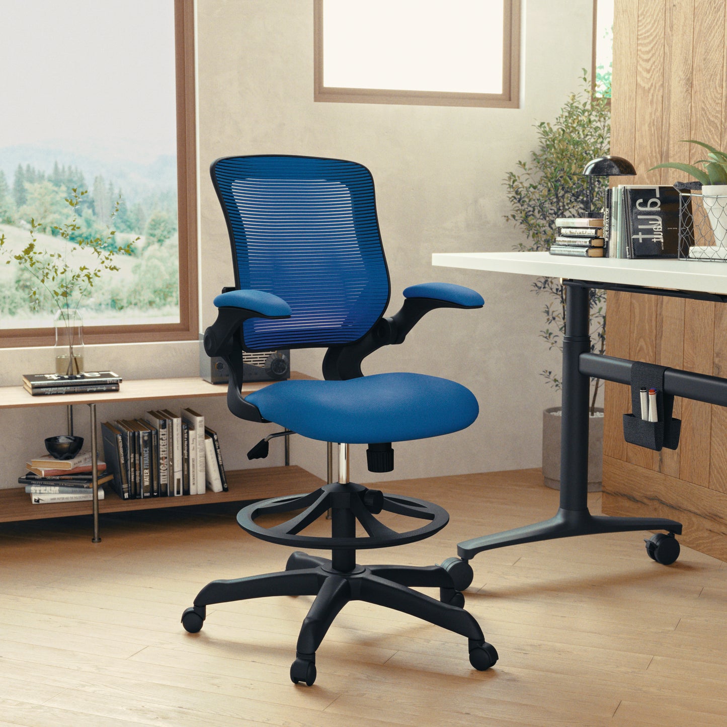 Kale Mid-Back Blue Mesh Ergonomic Drafting Chair with Adjustable Foot Ring and Flip-Up Arms Blue