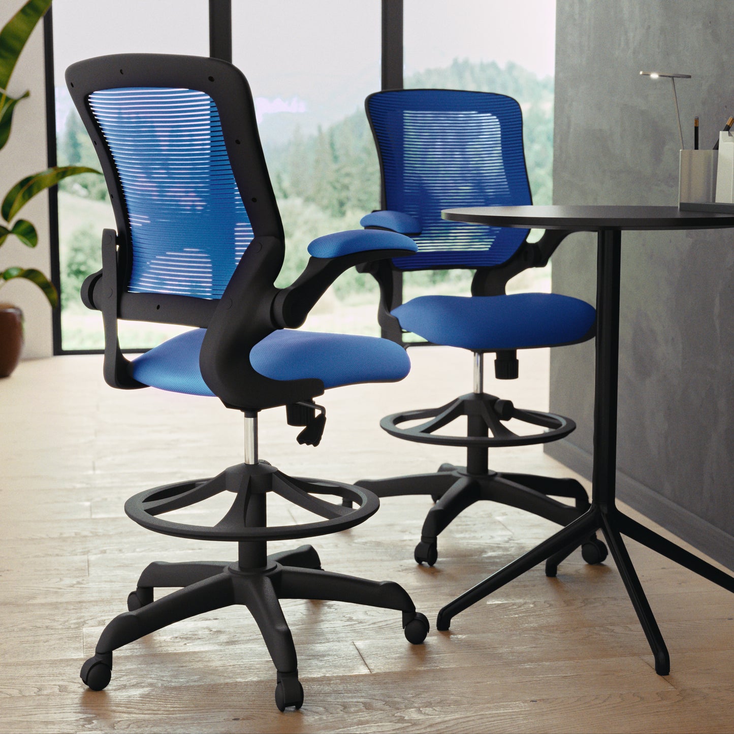 Kale Mid-Back Blue Mesh Ergonomic Drafting Chair with Adjustable Foot Ring and Flip-Up Arms Blue