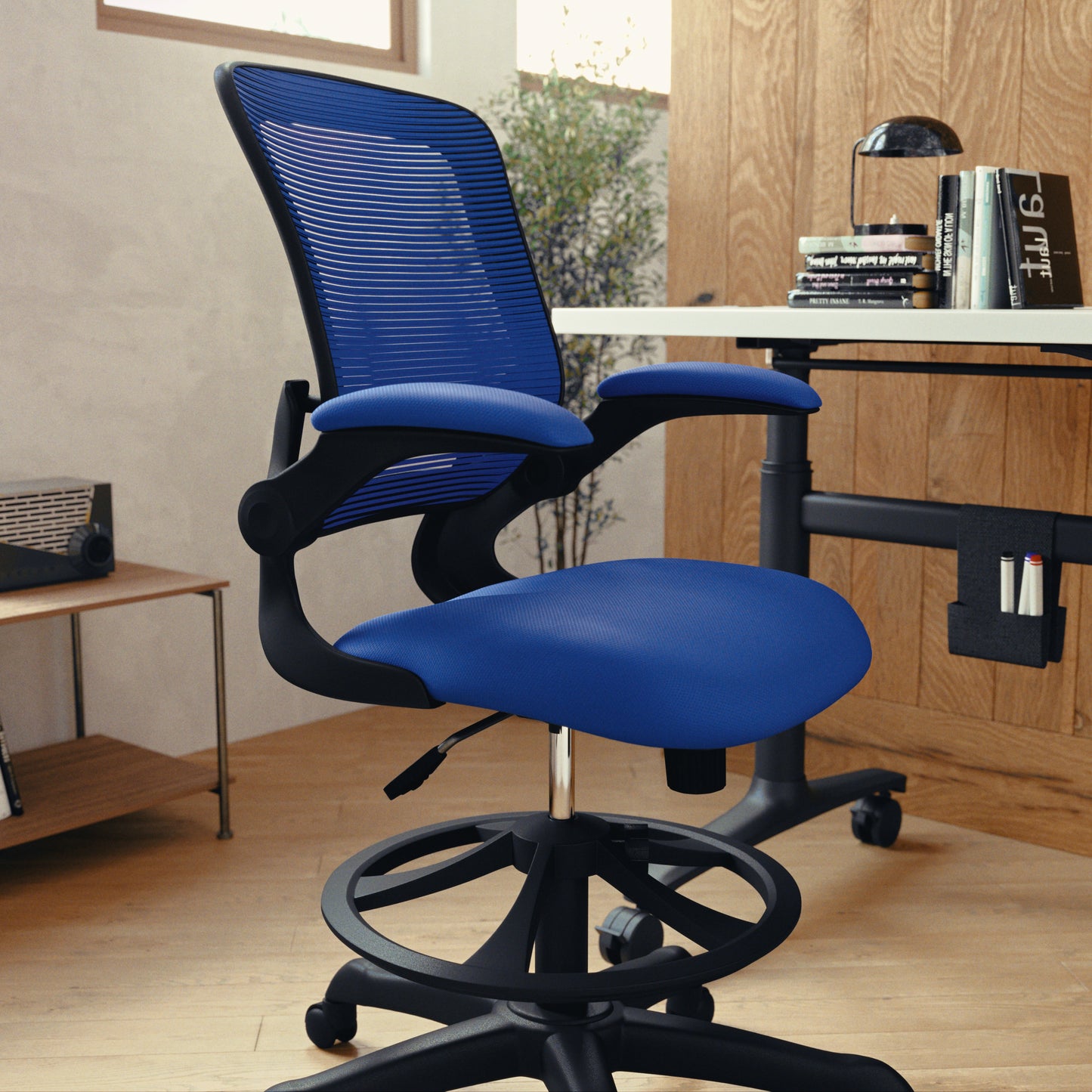 Kale Mid-Back Blue Mesh Ergonomic Drafting Chair with Adjustable Foot Ring and Flip-Up Arms Blue