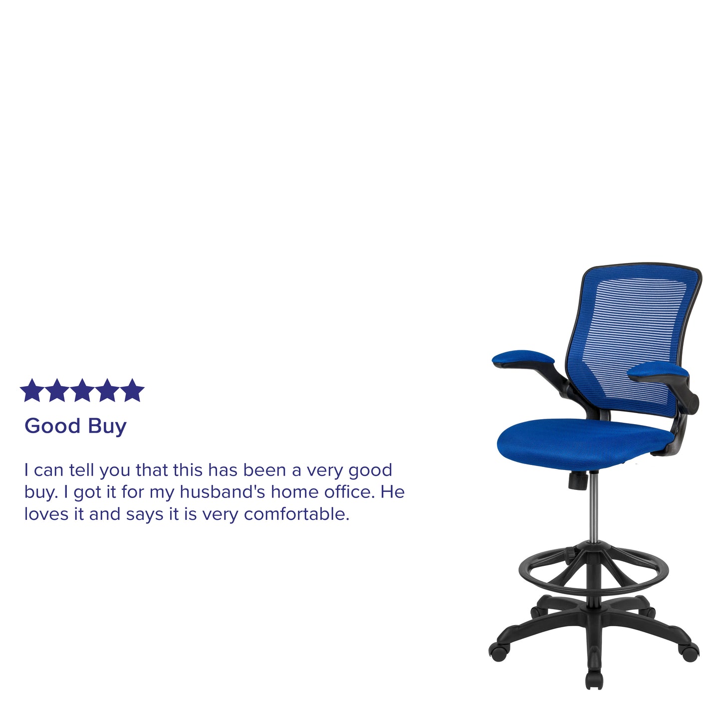 Kale Mid-Back Blue Mesh Ergonomic Drafting Chair with Adjustable Foot Ring and Flip-Up Arms Blue