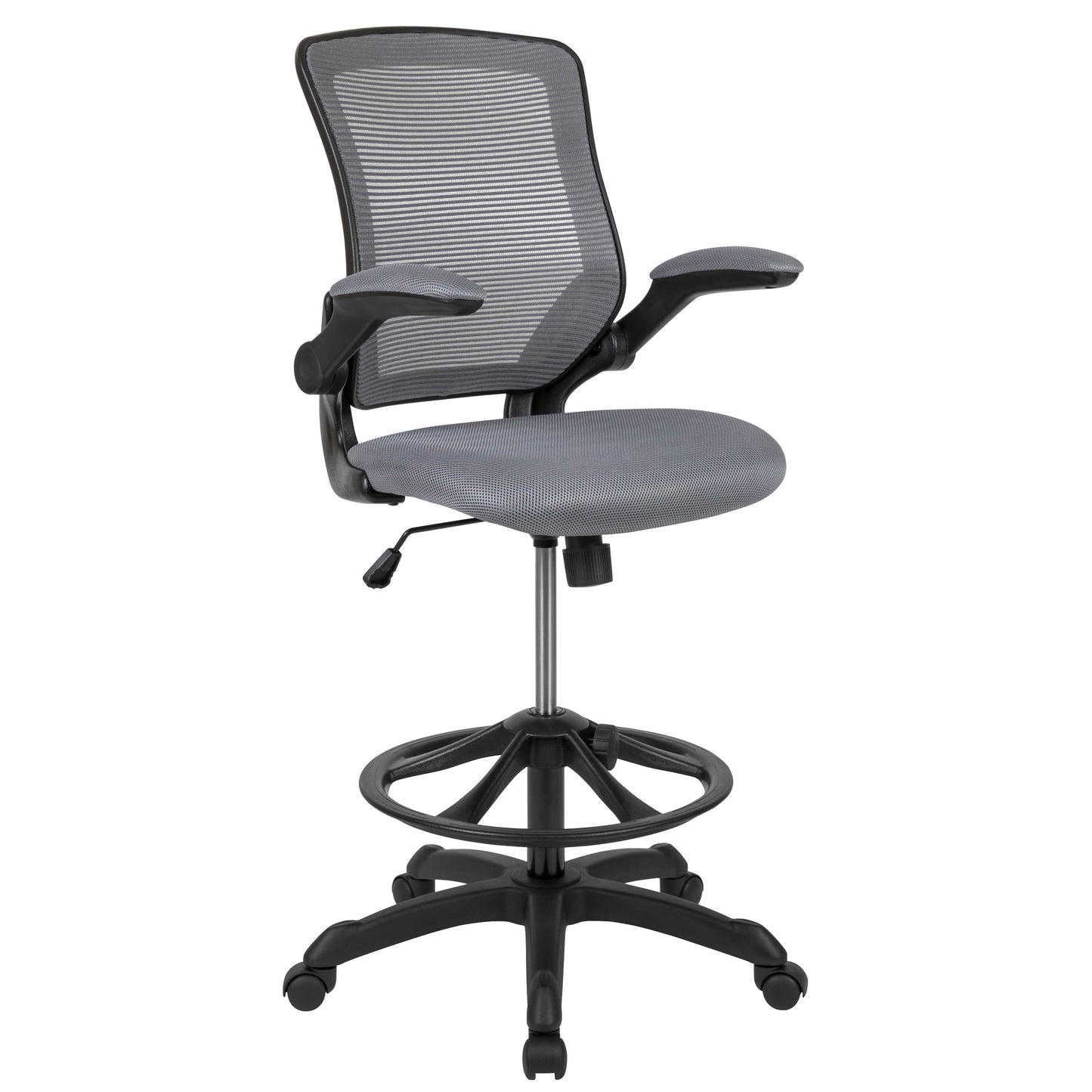 Kale Mid-Back Dark Gray Mesh Ergonomic Drafting Chair with Adjustable Foot Ring and Flip-Up Arms Dark Gray