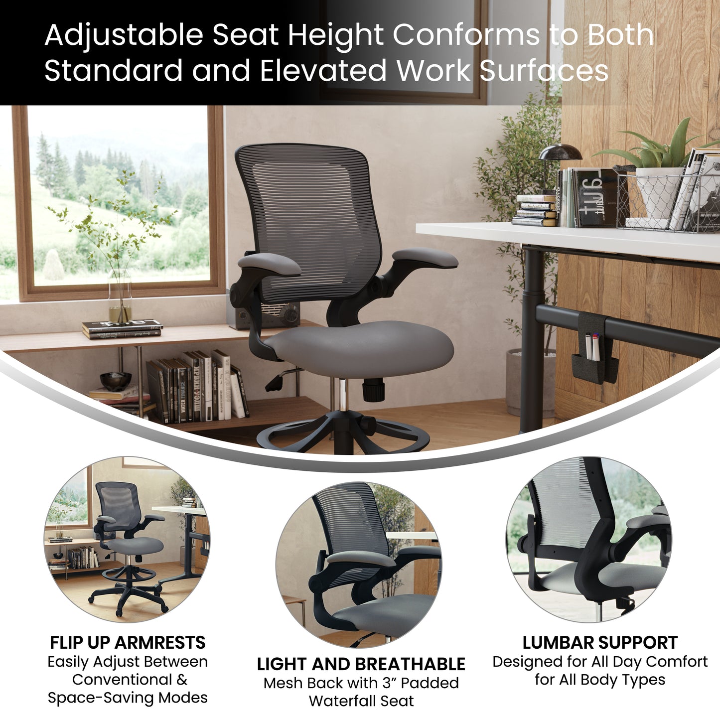 Kale Mid-Back Dark Gray Mesh Ergonomic Drafting Chair with Adjustable Foot Ring and Flip-Up Arms Dark Gray
