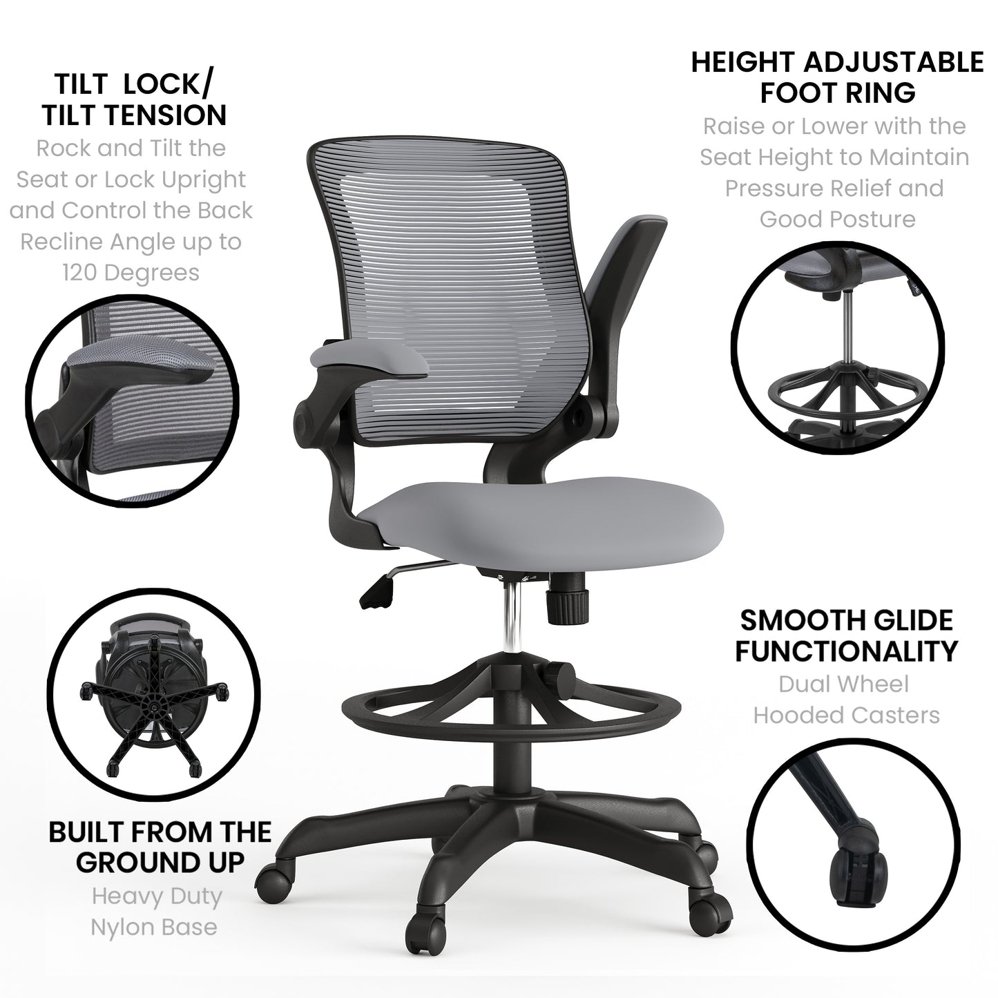 Kale Mid-Back Dark Gray Mesh Ergonomic Drafting Chair with Adjustable Foot Ring and Flip-Up Arms Dark Gray
