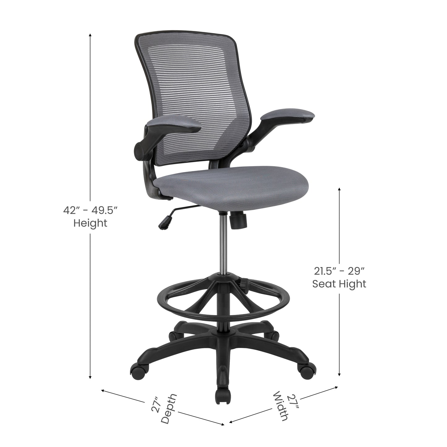 Kale Mid-Back Dark Gray Mesh Ergonomic Drafting Chair with Adjustable Foot Ring and Flip-Up Arms Dark Gray