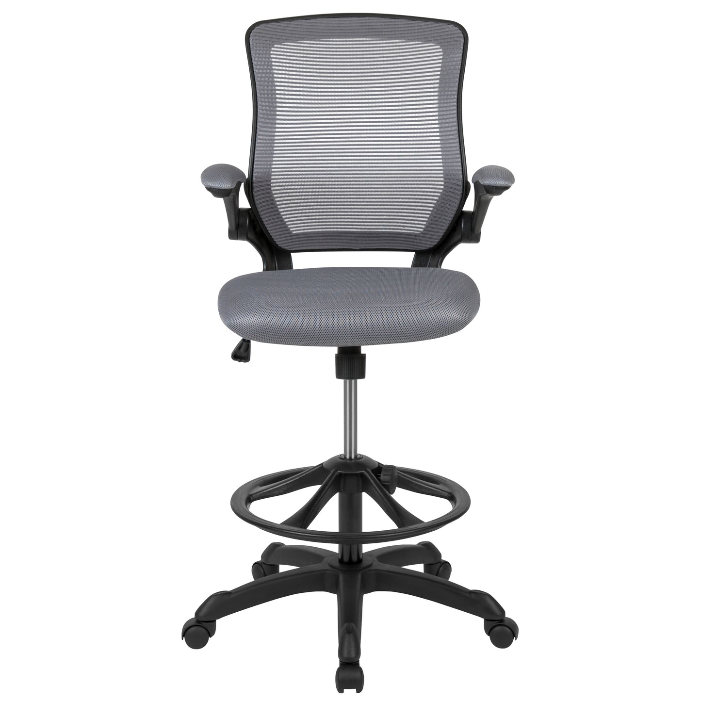 Kale Mid-Back Dark Gray Mesh Ergonomic Drafting Chair with Adjustable Foot Ring and Flip-Up Arms Dark Gray