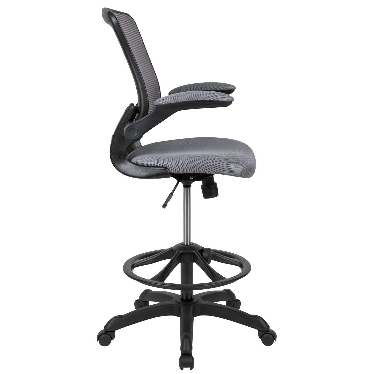 Kale Mid-Back Dark Gray Mesh Ergonomic Drafting Chair with Adjustable Foot Ring and Flip-Up Arms Dark Gray