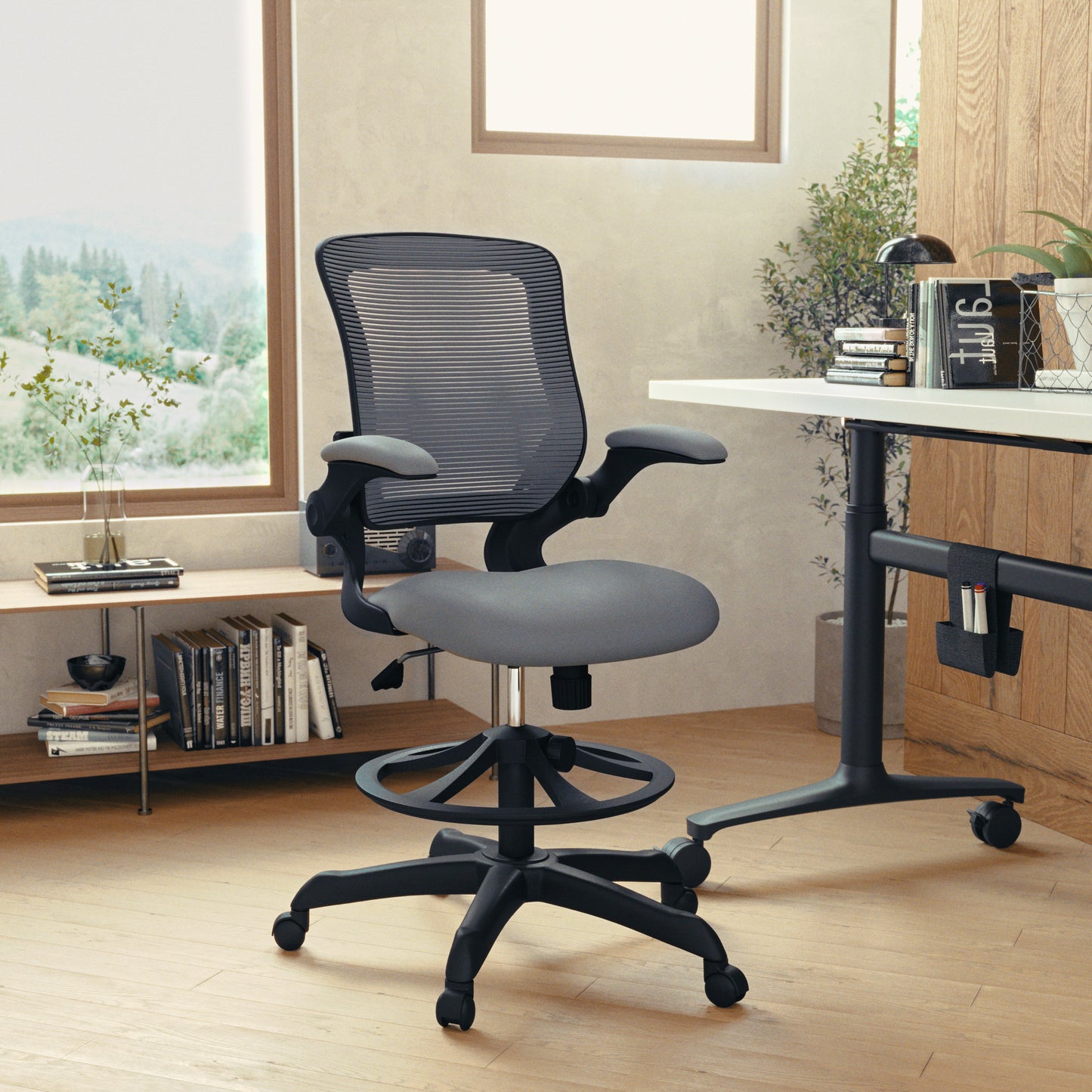 Kale Mid-Back Dark Gray Mesh Ergonomic Drafting Chair with Adjustable Foot Ring and Flip-Up Arms Dark Gray