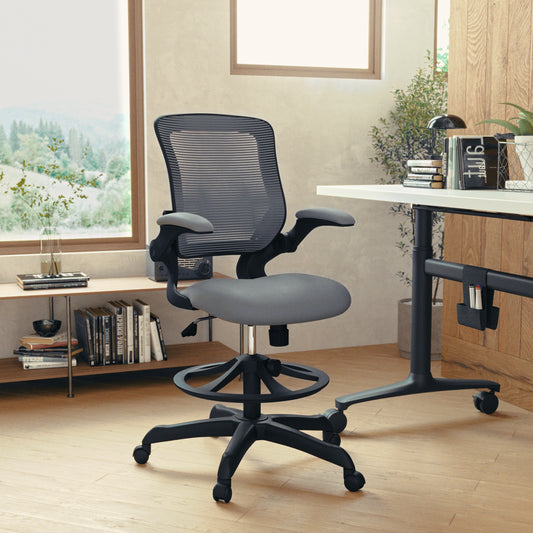 Kale Mid-Back Dark Gray Mesh Ergonomic Drafting Chair with Adjustable Foot Ring and Flip-Up Arms Dark Gray