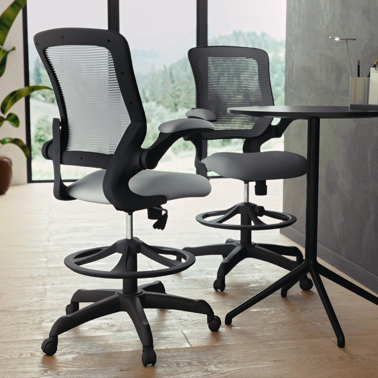 Kale Mid-Back Dark Gray Mesh Ergonomic Drafting Chair with Adjustable Foot Ring and Flip-Up Arms Dark Gray