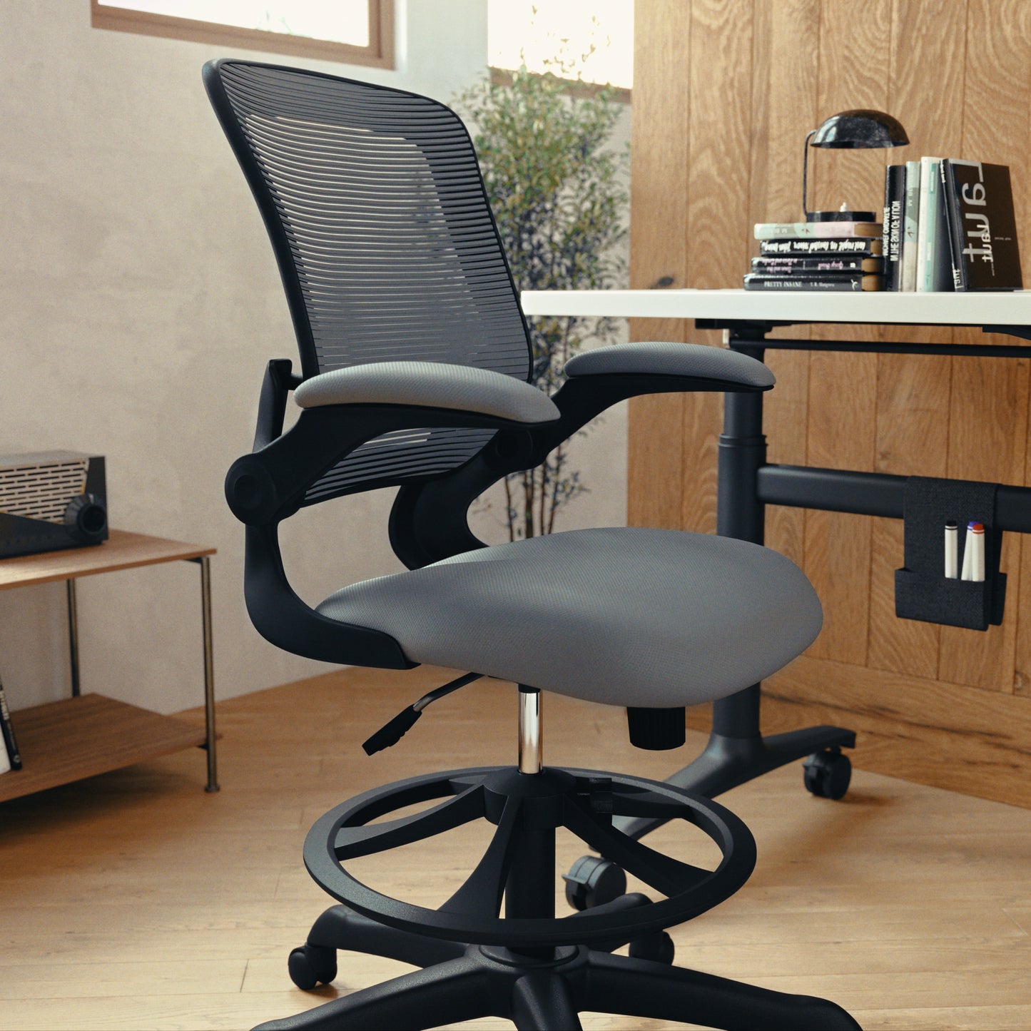 Kale Mid-Back Dark Gray Mesh Ergonomic Drafting Chair with Adjustable Foot Ring and Flip-Up Arms Dark Gray