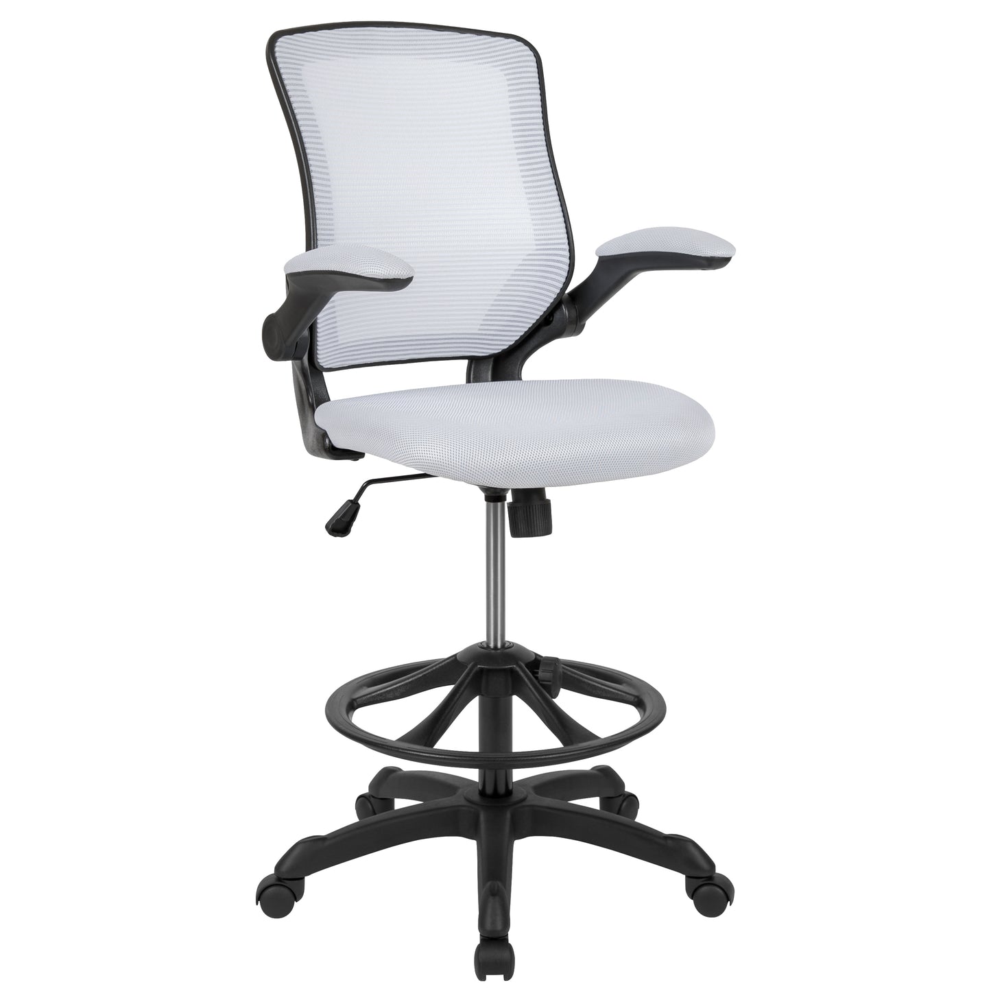 Kale Mid-Back White Mesh Ergonomic Drafting Chair with Adjustable Foot Ring and Flip-Up Arms White