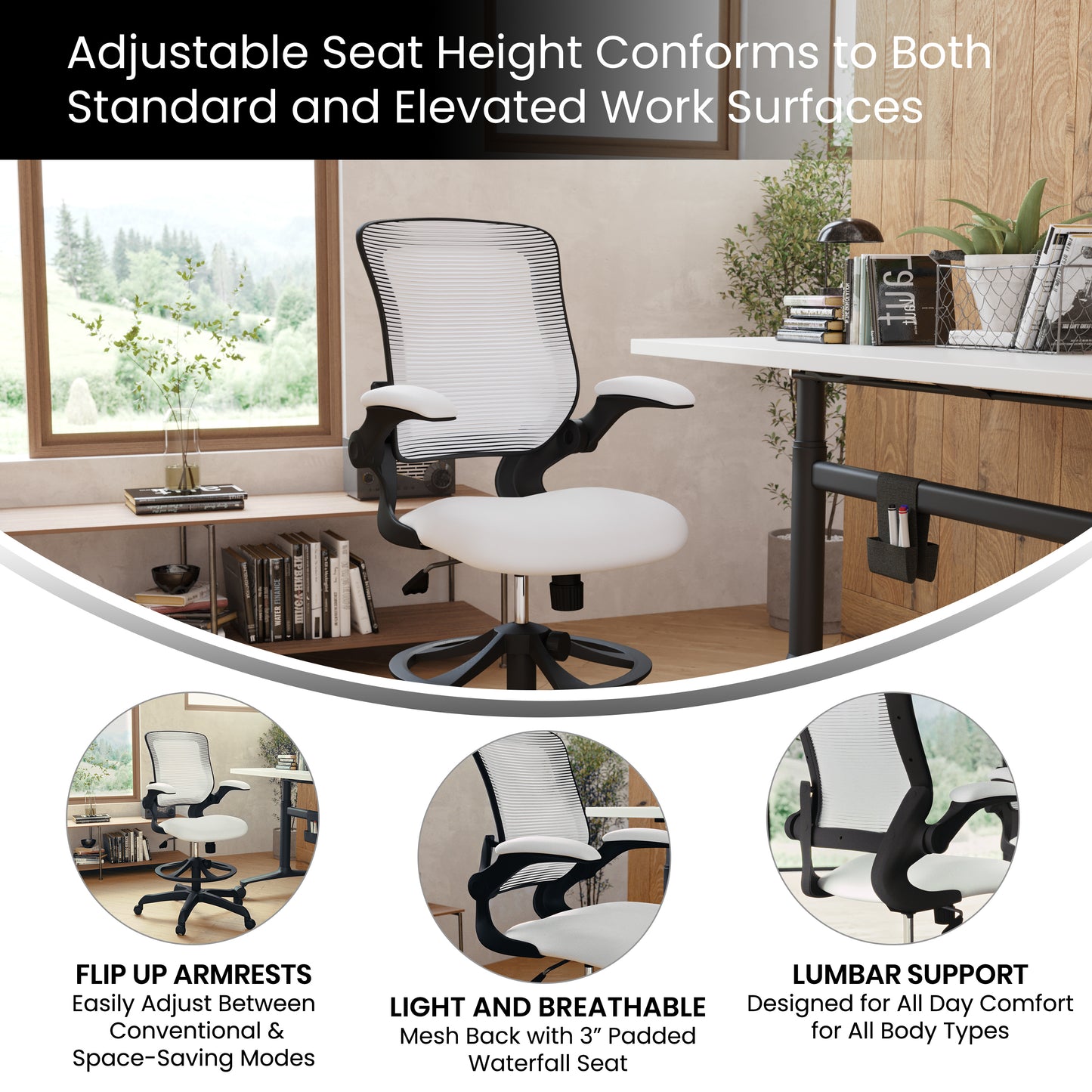 Kale Mid-Back White Mesh Ergonomic Drafting Chair with Adjustable Foot Ring and Flip-Up Arms White