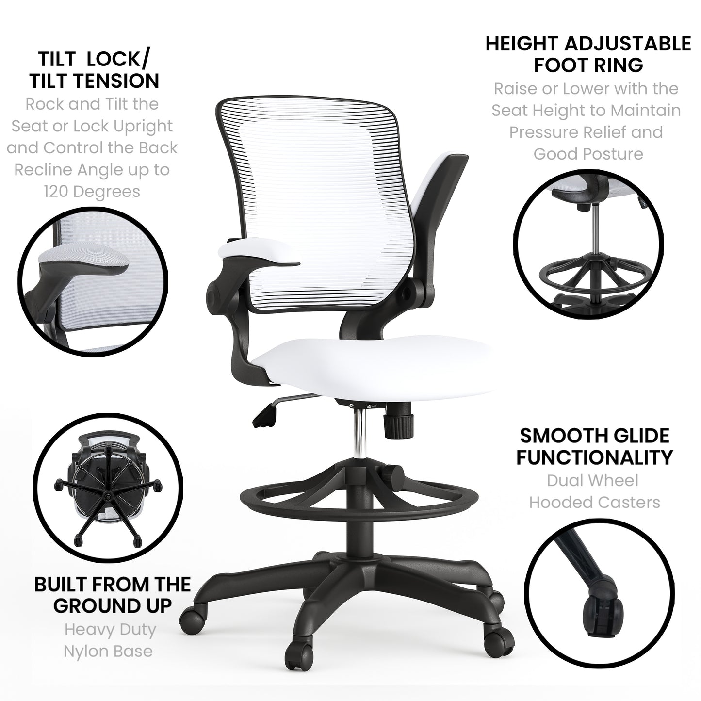 Kale Mid-Back White Mesh Ergonomic Drafting Chair with Adjustable Foot Ring and Flip-Up Arms White