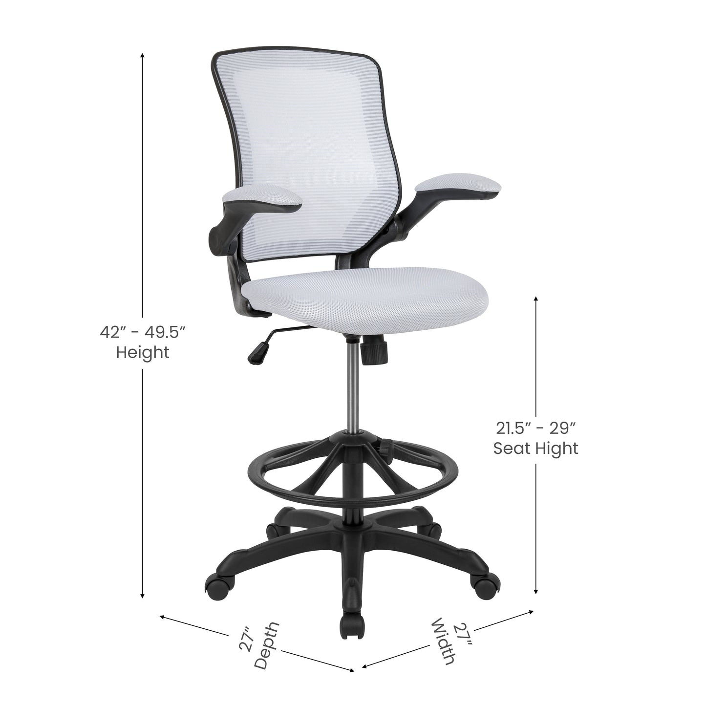 Kale Mid-Back White Mesh Ergonomic Drafting Chair with Adjustable Foot Ring and Flip-Up Arms White