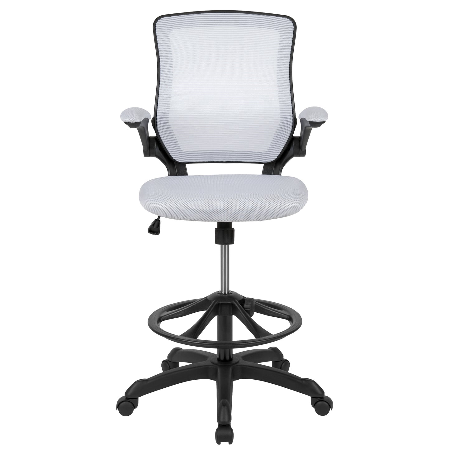 Kale Mid-Back White Mesh Ergonomic Drafting Chair with Adjustable Foot Ring and Flip-Up Arms White