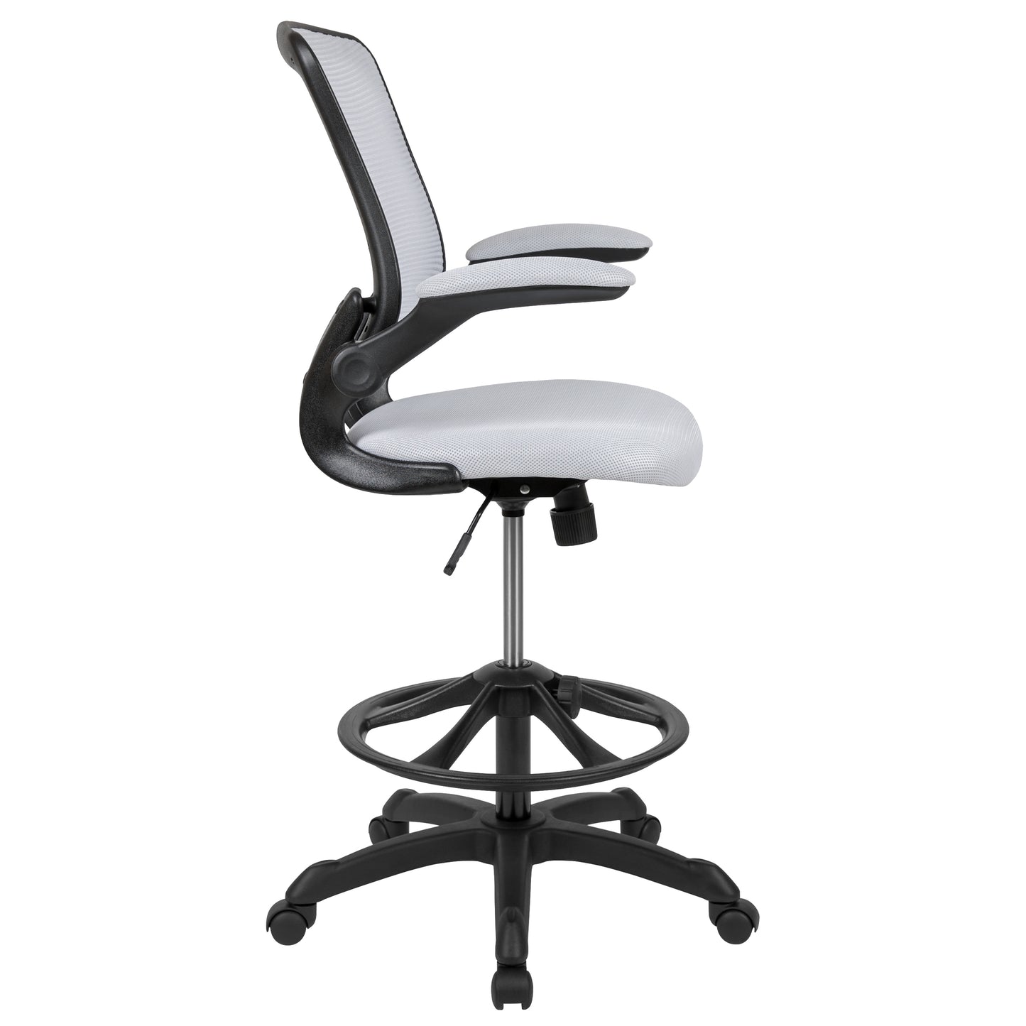 Kale Mid-Back White Mesh Ergonomic Drafting Chair with Adjustable Foot Ring and Flip-Up Arms White