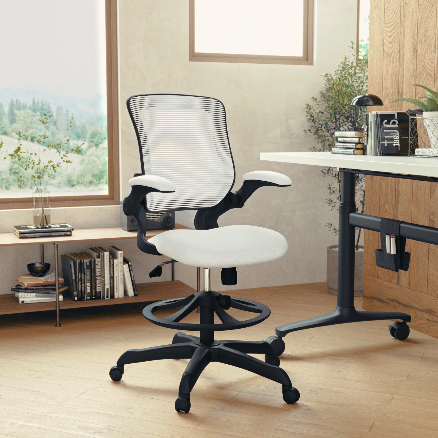 Kale Mid-Back White Mesh Ergonomic Drafting Chair with Adjustable Foot Ring and Flip-Up Arms White
